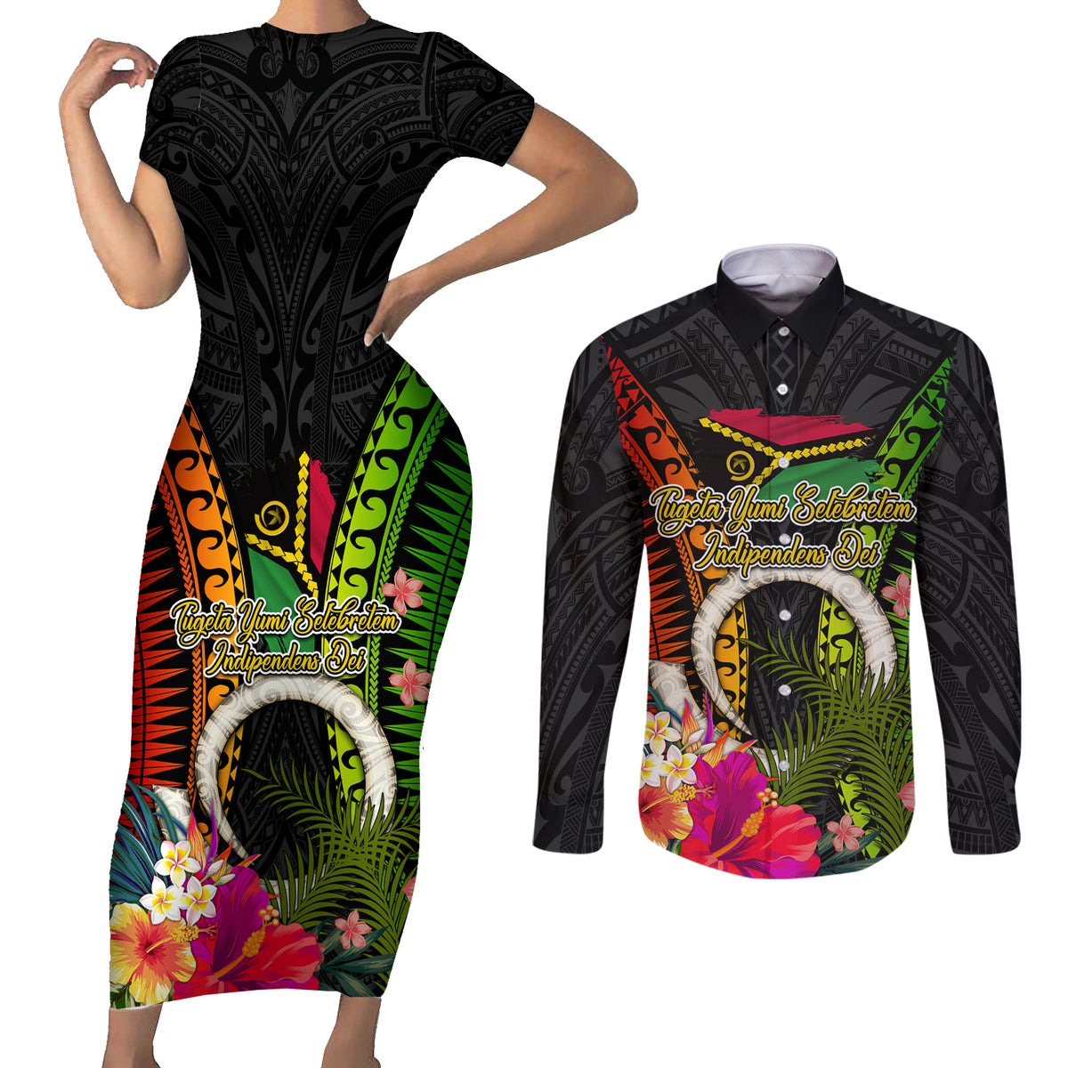 Vanuatu Independence Day Couples Matching Short Sleeve Bodycon Dress and Long Sleeve Button Shirt Tugeta Yumi Selebretem Indipendens Dei LT03 Black - Polynesian Pride