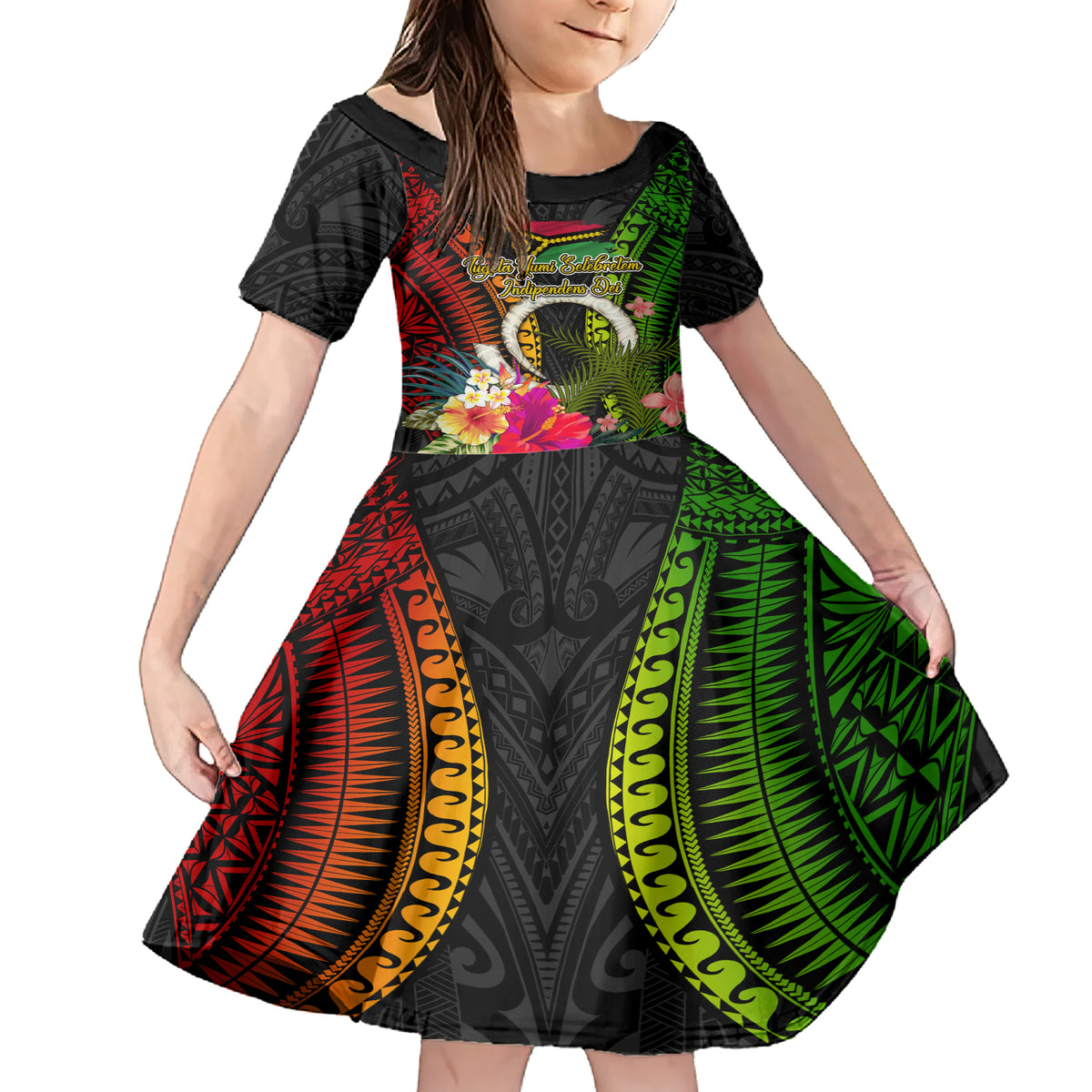 Vanuatu Independence Day Family Matching Short Sleeve Bodycon Dress and Hawaiian Shirt Tugeta Yumi Selebretem Indipendens Dei LT03 Daughter's Dress Black - Polynesian Pride