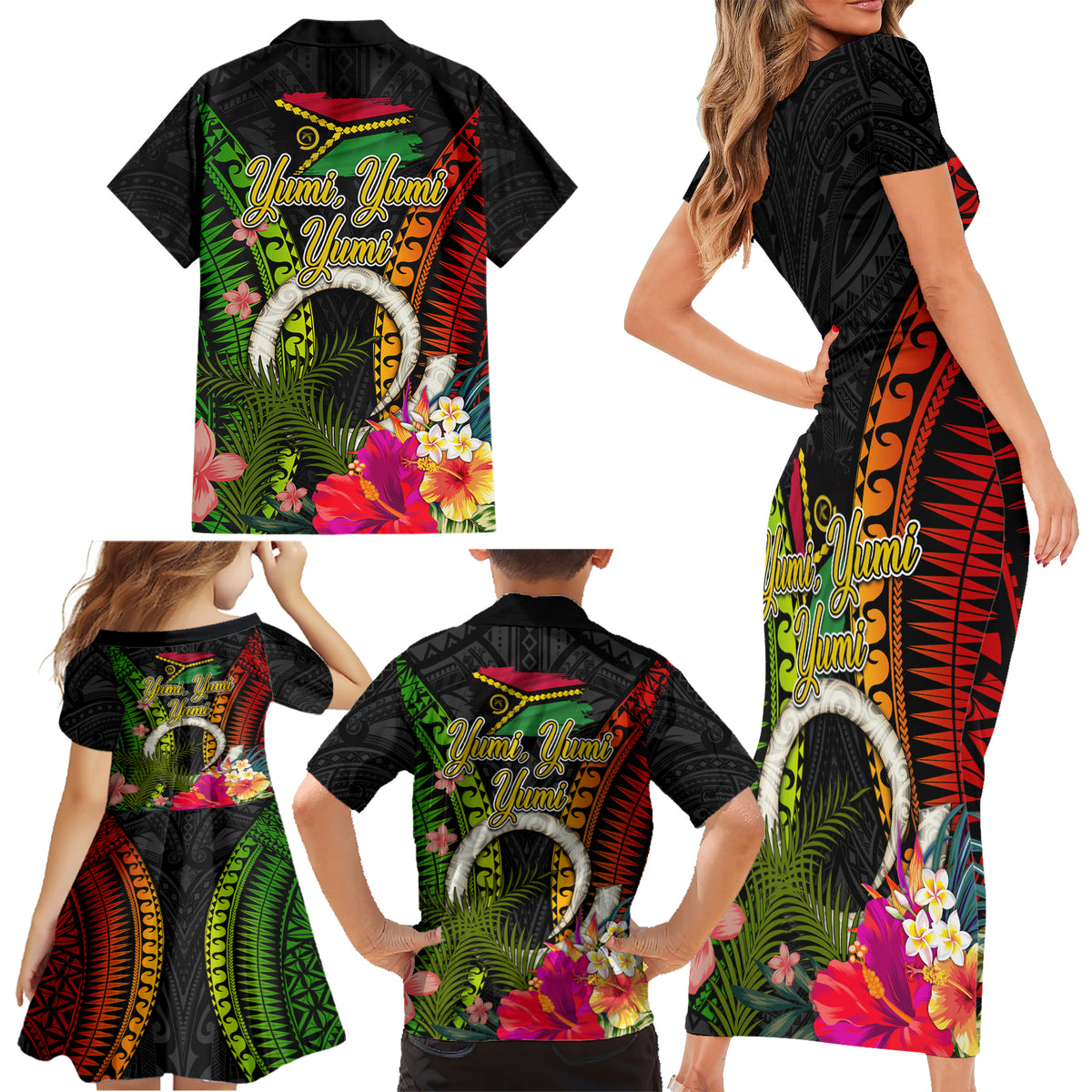 Vanuatu Independence Day Family Matching Short Sleeve Bodycon Dress and Hawaiian Shirt Tugeta Yumi Selebretem Indipendens Dei LT03 - Polynesian Pride
