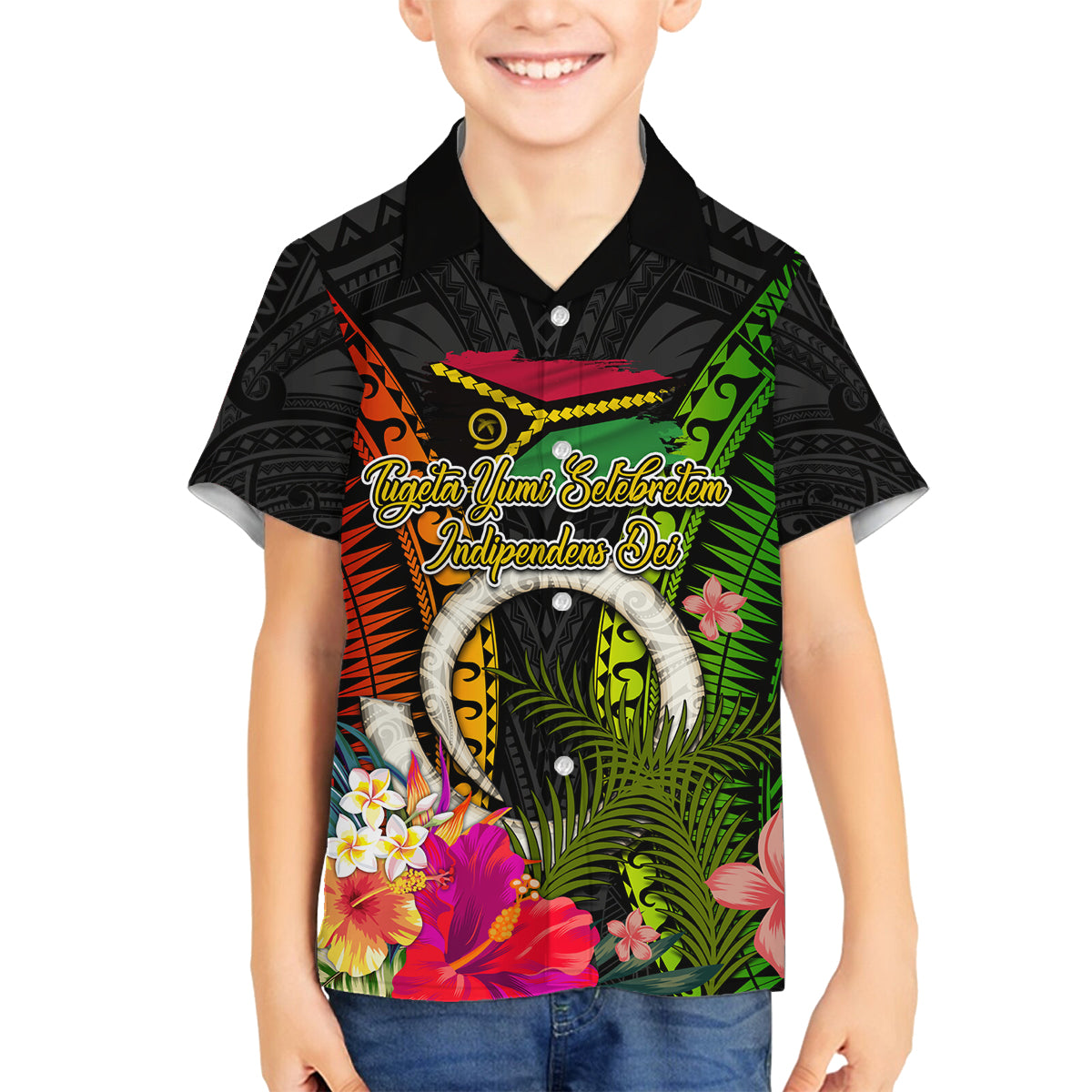Vanuatu Independence Day Family Matching Summer Maxi Dress and Hawaiian Shirt Tugeta Yumi Selebretem Indipendens Dei LT03 Son's Shirt Black - Polynesian Pride
