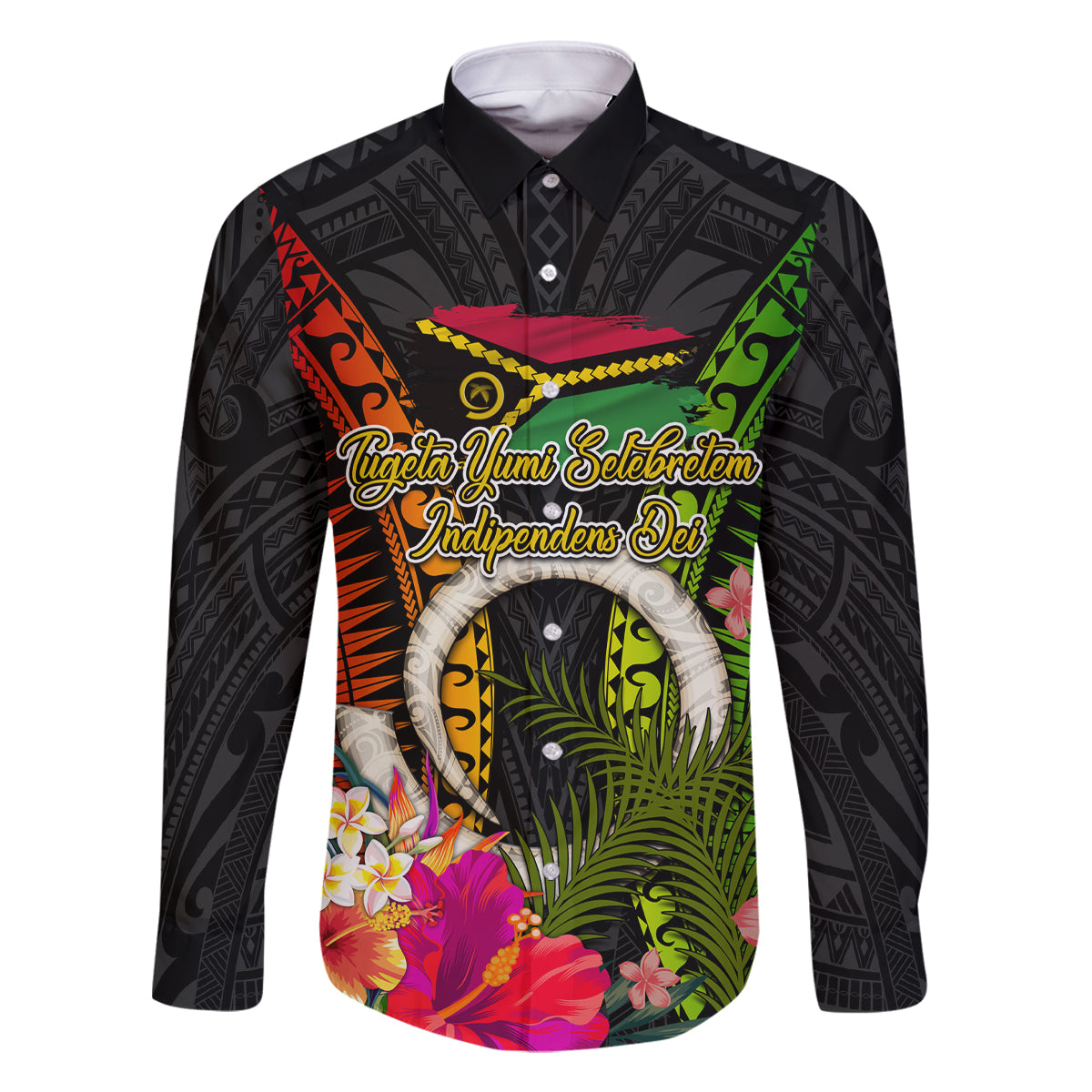 Vanuatu Independence Day Family Matching Tank Maxi Dress and Hawaiian Shirt Tugeta Yumi Selebretem Indipendens Dei LT03 Dad's Shirt - Long Sleeve Black - Polynesian Pride