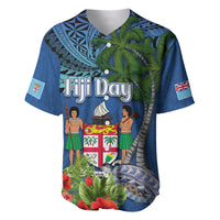 Personalised Fiji Independence Day Baseball Jersey Fijian Coat of Arms Palm and Hibiscus Tapa Pattern LT03 Blue - Polynesian Pride