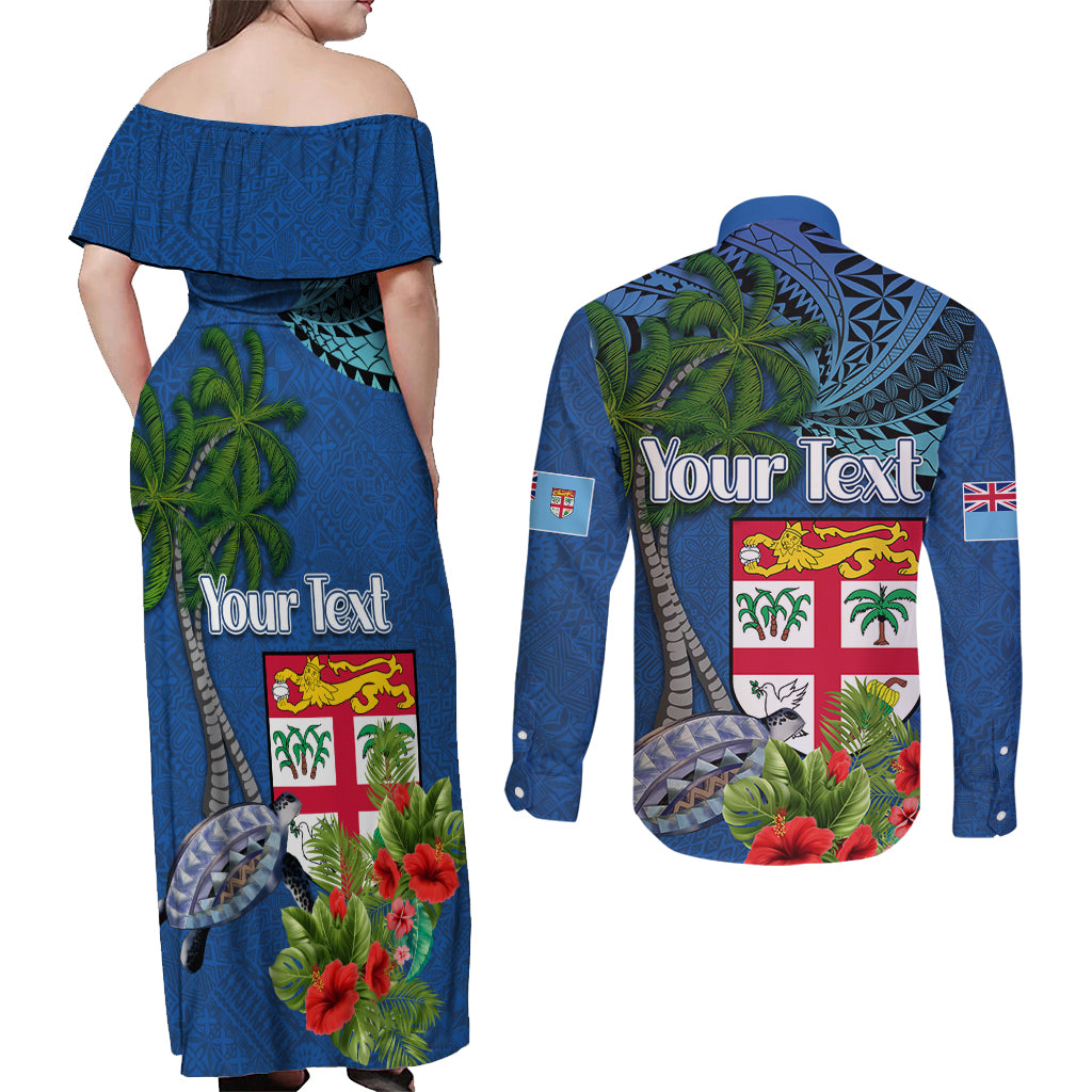 Fiji Independence Day Couples Matching Off Shoulder Maxi Dress and Long Sleeve Button Shirt Fijian Coat of Arms Palm and Hibiscus Tapa Pattern