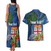 Fiji Independence Day Couples Matching Tank Maxi Dress and Hawaiian Shirt Fijian Coat of Arms Palm and Hibiscus Tapa Pattern