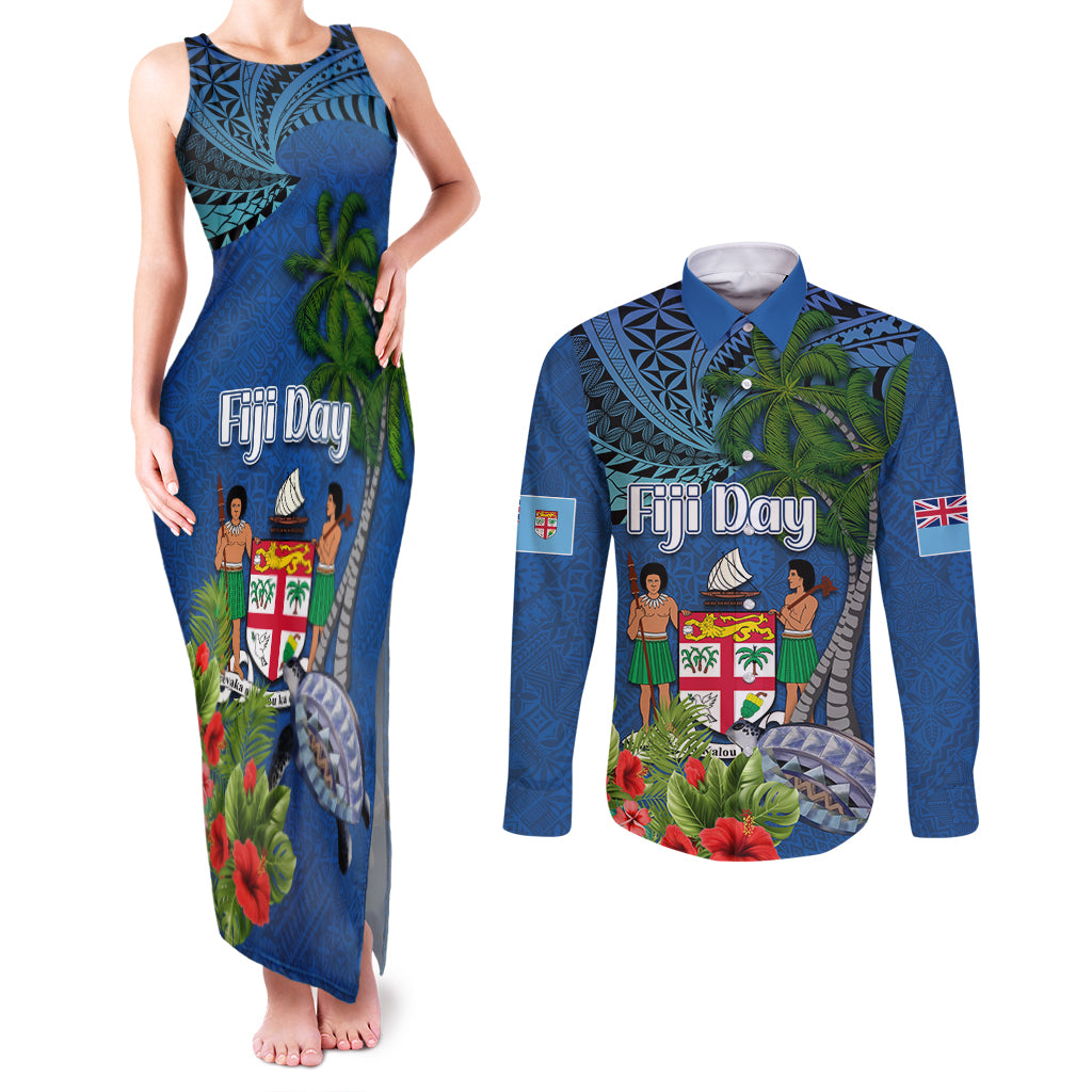 Fiji Independence Day Couples Matching Tank Maxi Dress and Long Sleeve Button Shirt Fijian Coat of Arms Palm and Hibiscus Tapa Pattern