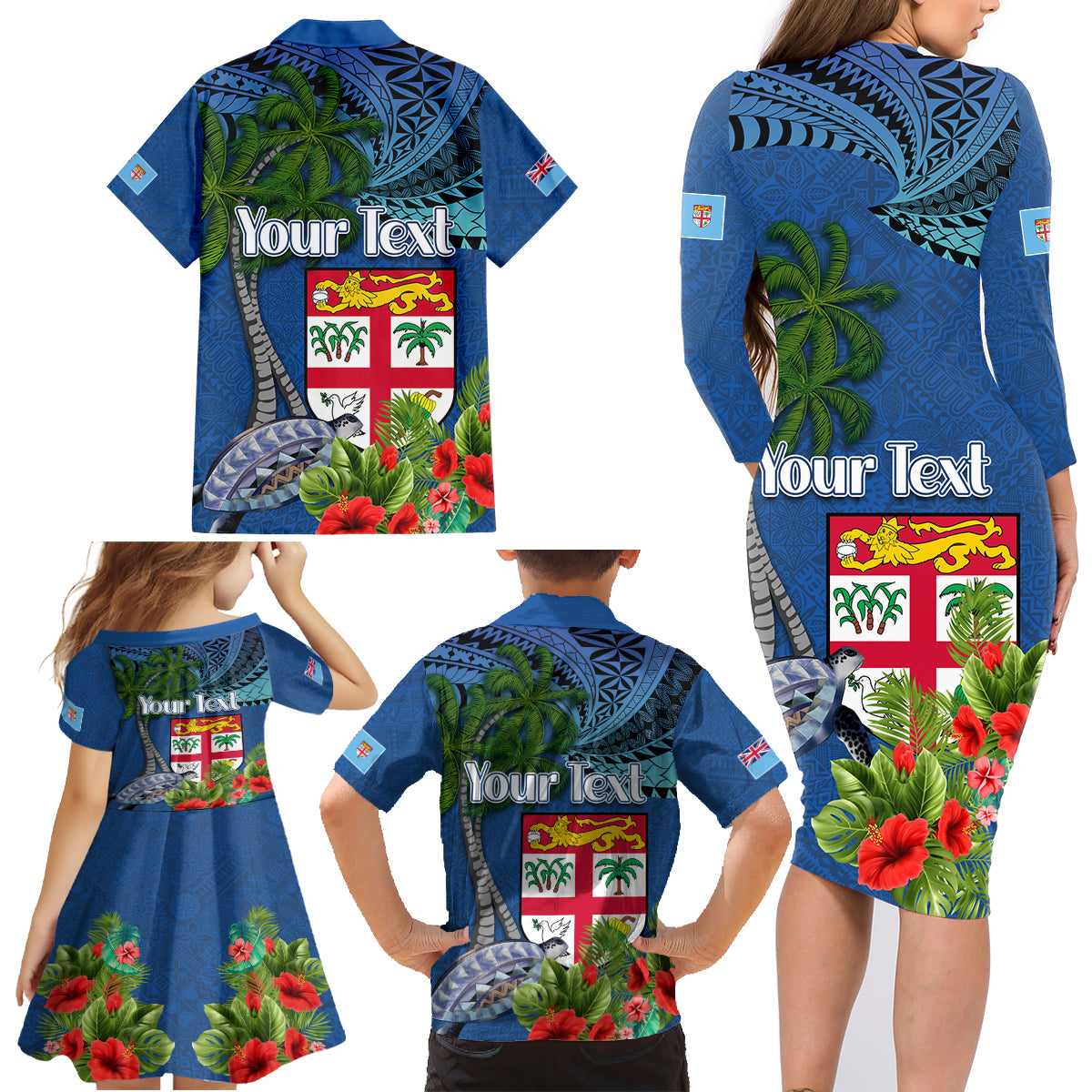 Personalised Fiji Independence Day Family Matching Long Sleeve Bodycon Dress and Hawaiian Shirt Fijian Coat of Arms Palm and Hibiscus Tapa Pattern LT03 - Polynesian Pride