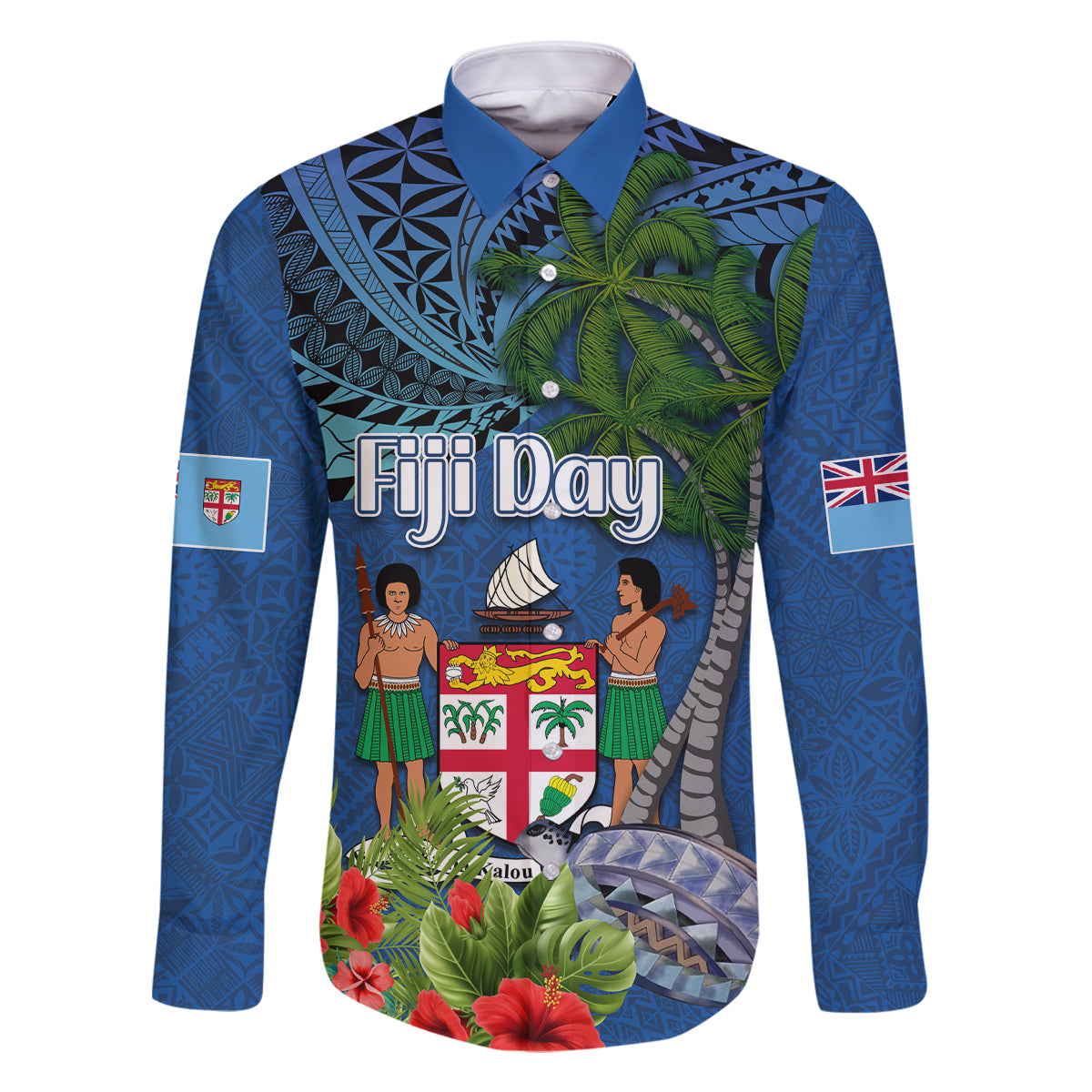 Personalised Fiji Independence Day Family Matching Long Sleeve Bodycon Dress and Hawaiian Shirt Fijian Coat of Arms Palm and Hibiscus Tapa Pattern LT03 Dad's Shirt - Long Sleeve Blue - Polynesian Pride