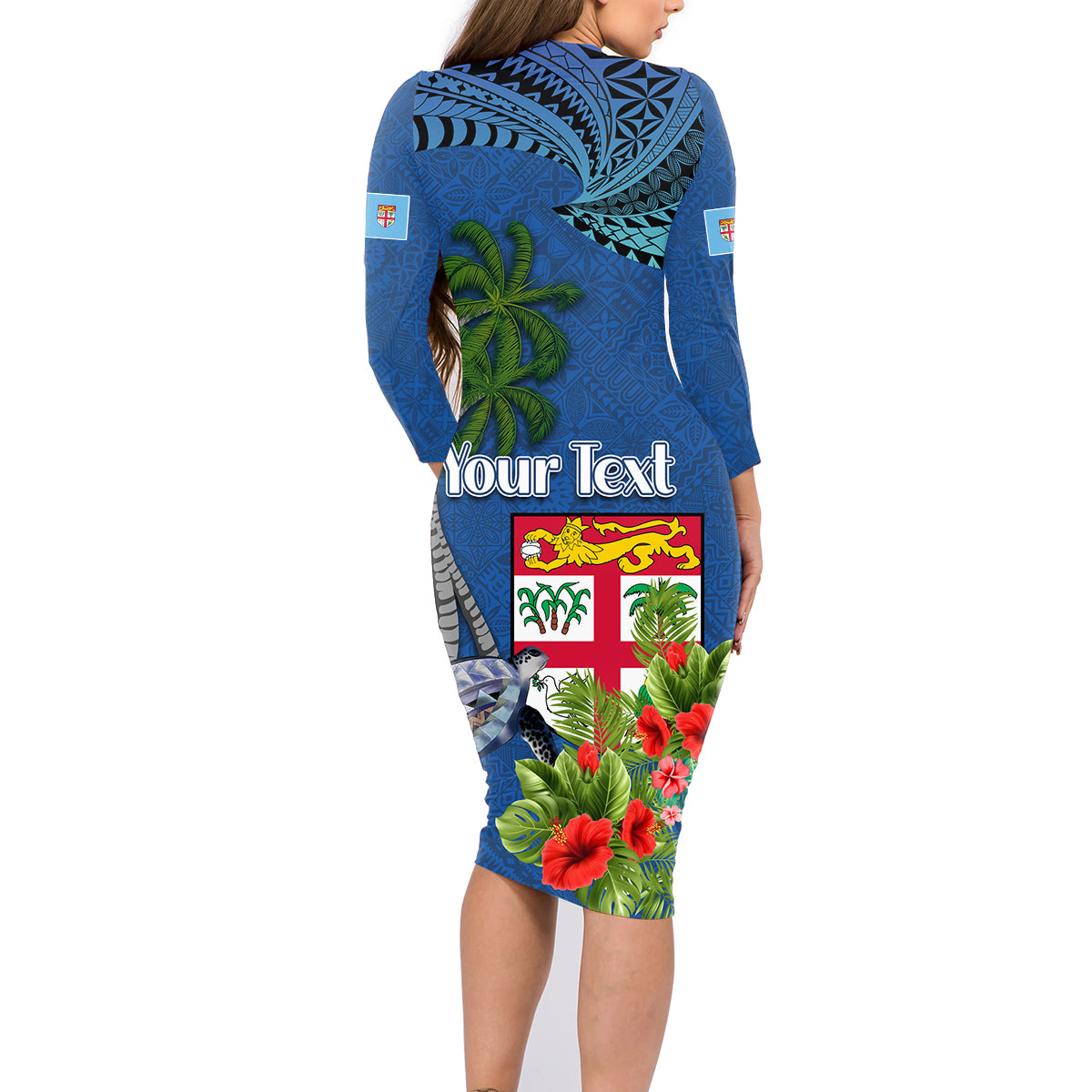 Personalised Fiji Independence Day Family Matching Long Sleeve Bodycon Dress and Hawaiian Shirt Fijian Coat of Arms Palm and Hibiscus Tapa Pattern LT03 - Polynesian Pride