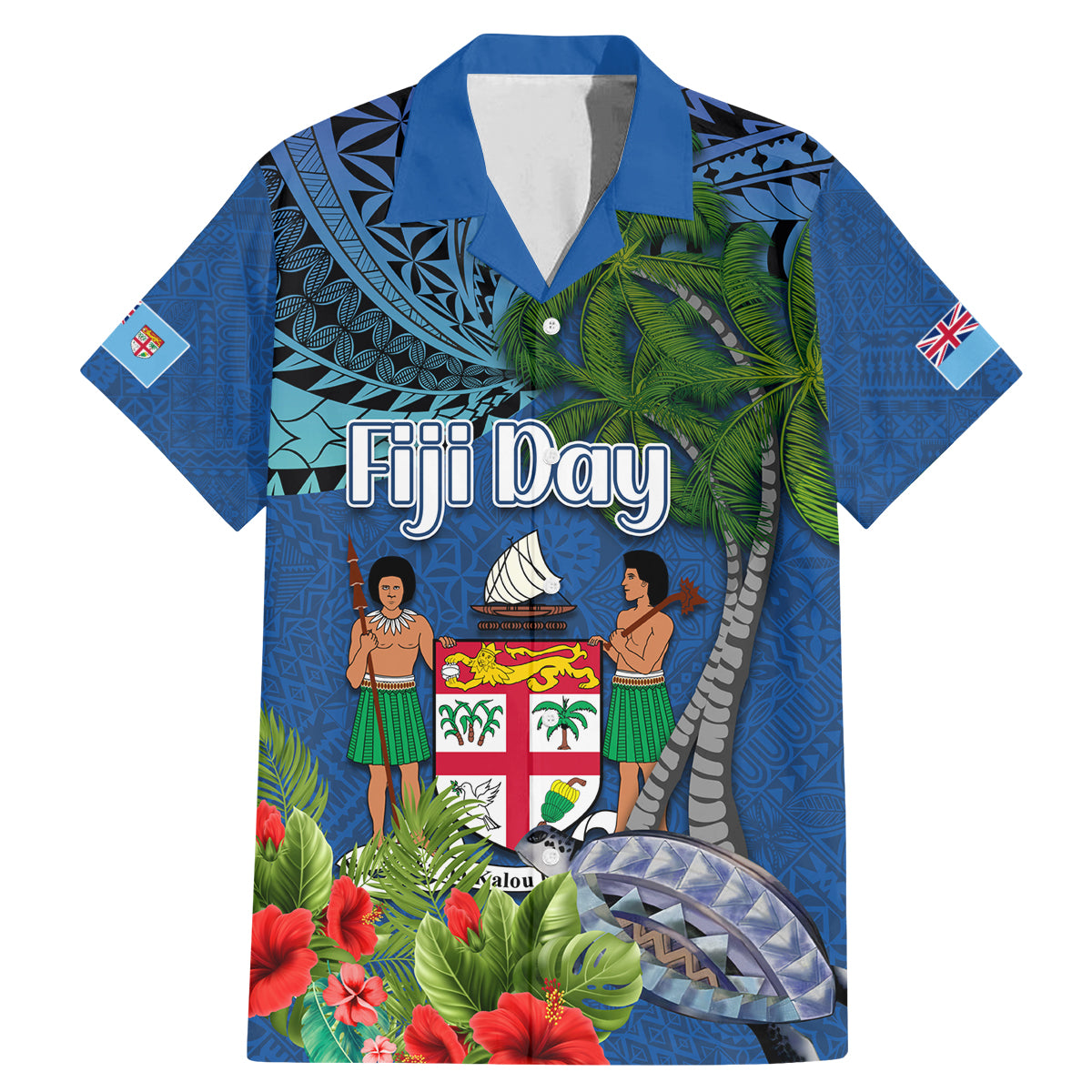 Fiji Independence Day Family Matching Mermaid Dress and Hawaiian Shirt Fijian Coat of Arms Palm and Hibiscus Tapa Pattern