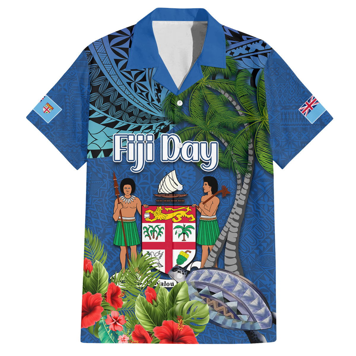 Fiji Independence Day Family Matching Off The Shoulder Long Sleeve Dress and Hawaiian Shirt Fijian Coat of Arms Palm and Hibiscus Tapa Pattern