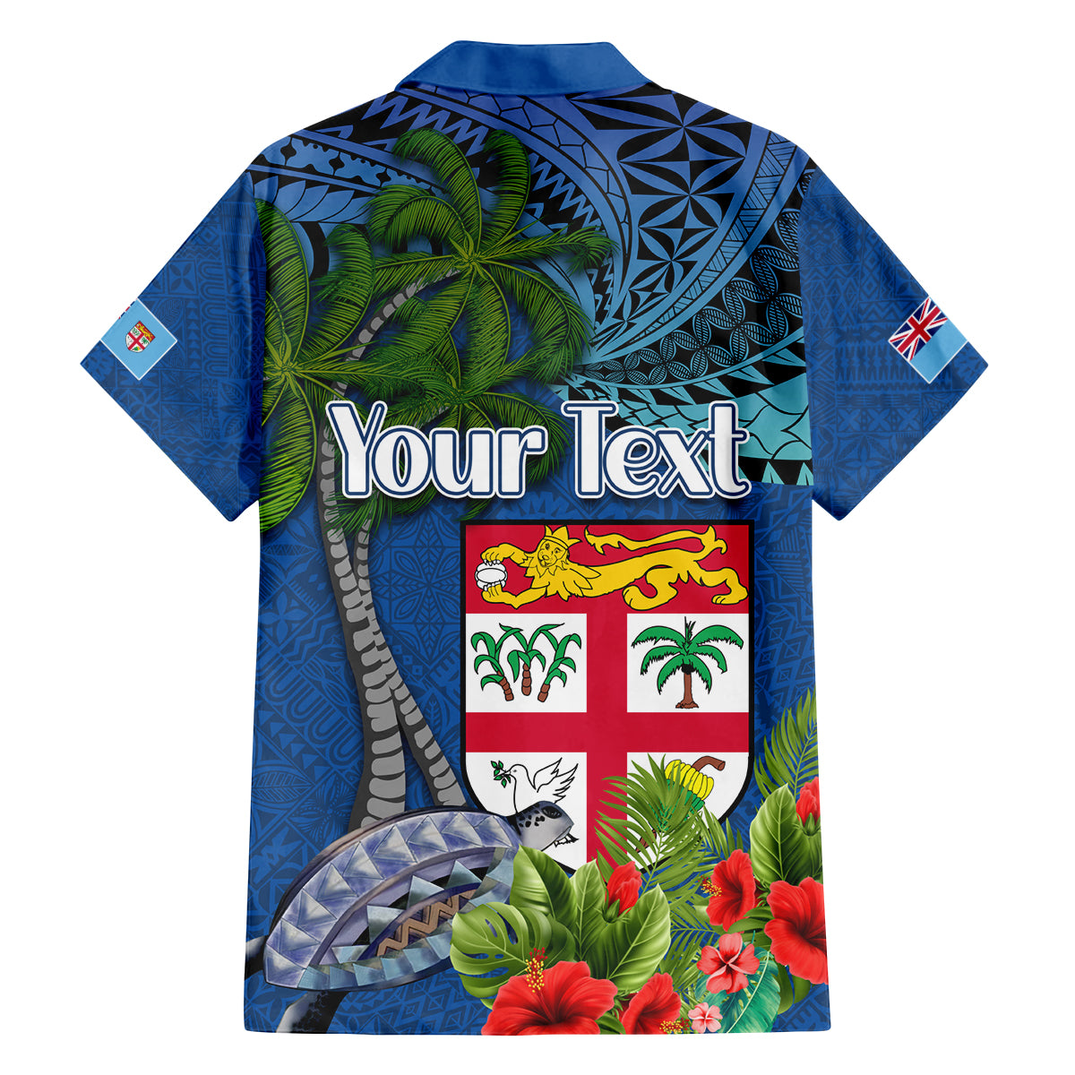 Fiji Independence Day Family Matching Off The Shoulder Long Sleeve Dress and Hawaiian Shirt Fijian Coat of Arms Palm and Hibiscus Tapa Pattern