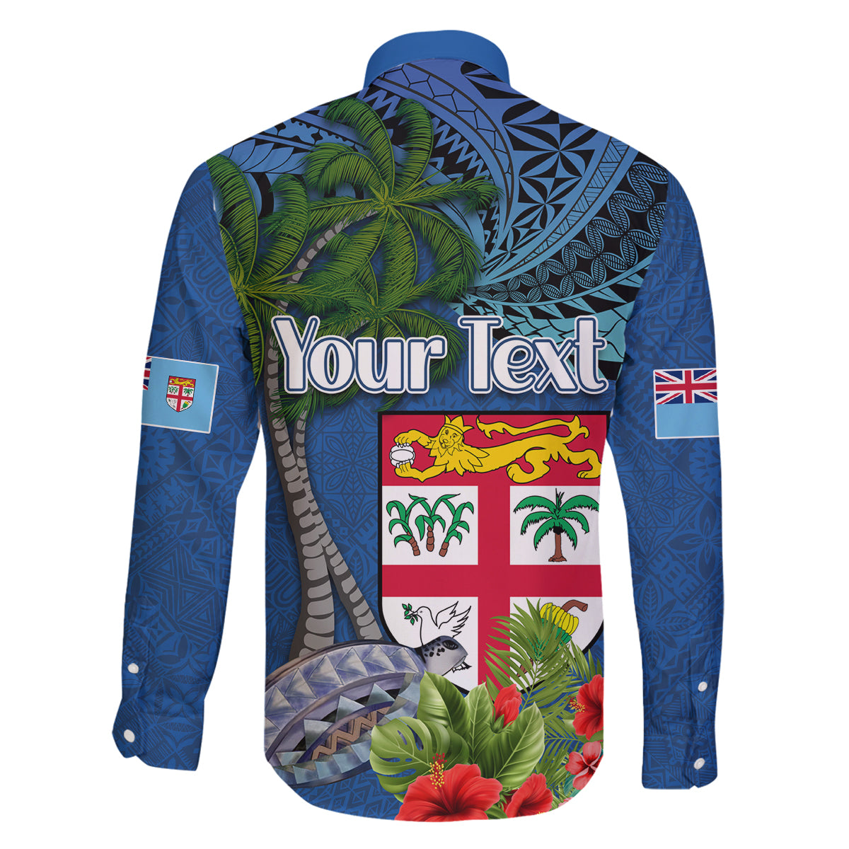 Fiji Independence Day Family Matching Off The Shoulder Long Sleeve Dress and Hawaiian Shirt Fijian Coat of Arms Palm and Hibiscus Tapa Pattern