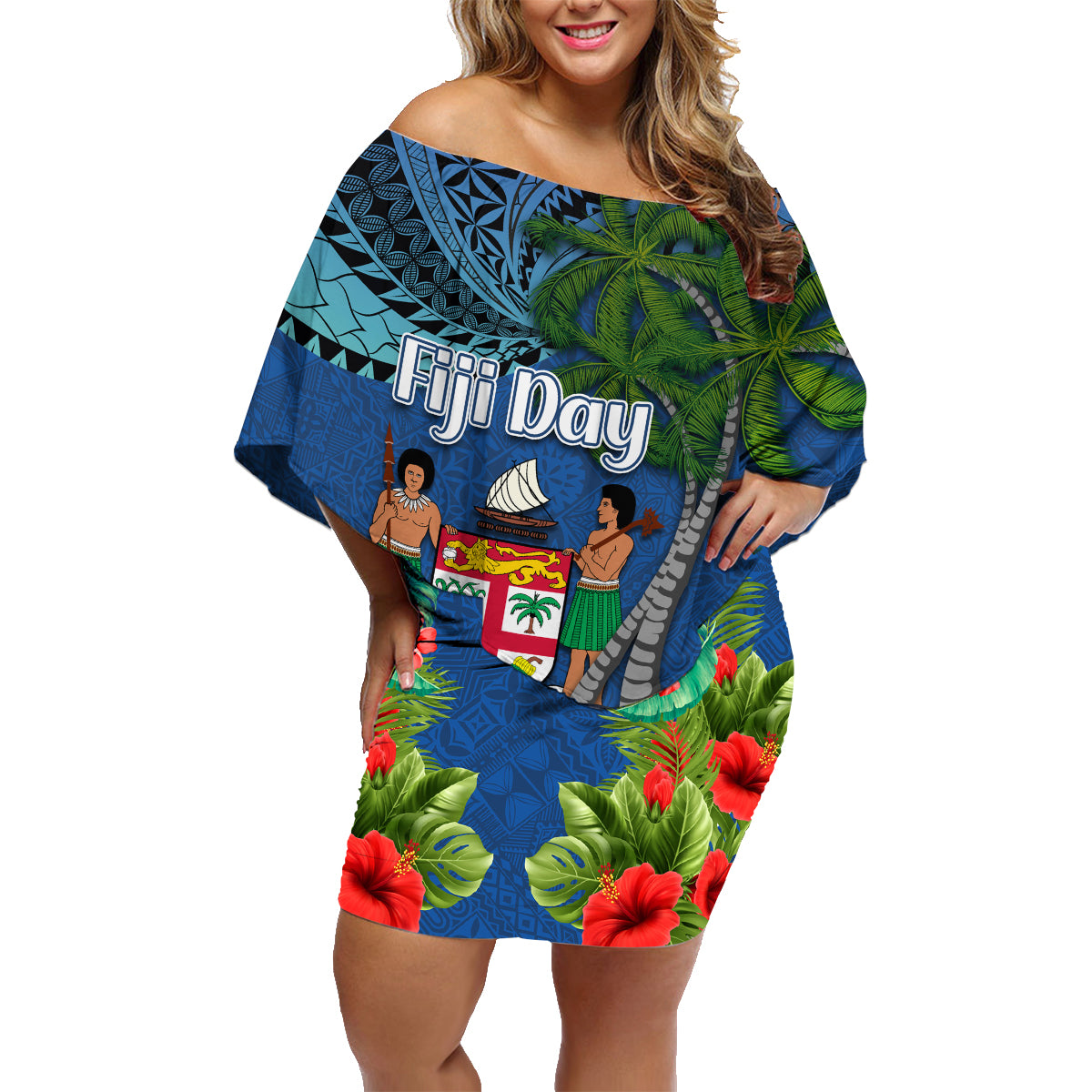 Fiji Independence Day Family Matching Off Shoulder Short Dress and Hawaiian Shirt Fijian Coat of Arms Palm and Hibiscus Tapa Pattern
