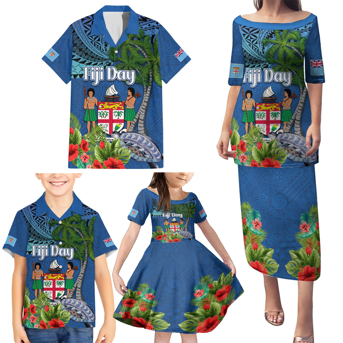 Personalised Fiji Independence Day Family Matching Puletasi and Hawaiian Shirt Fijian Coat of Arms Palm and Hibiscus Tapa Pattern LT03 - Polynesian Pride