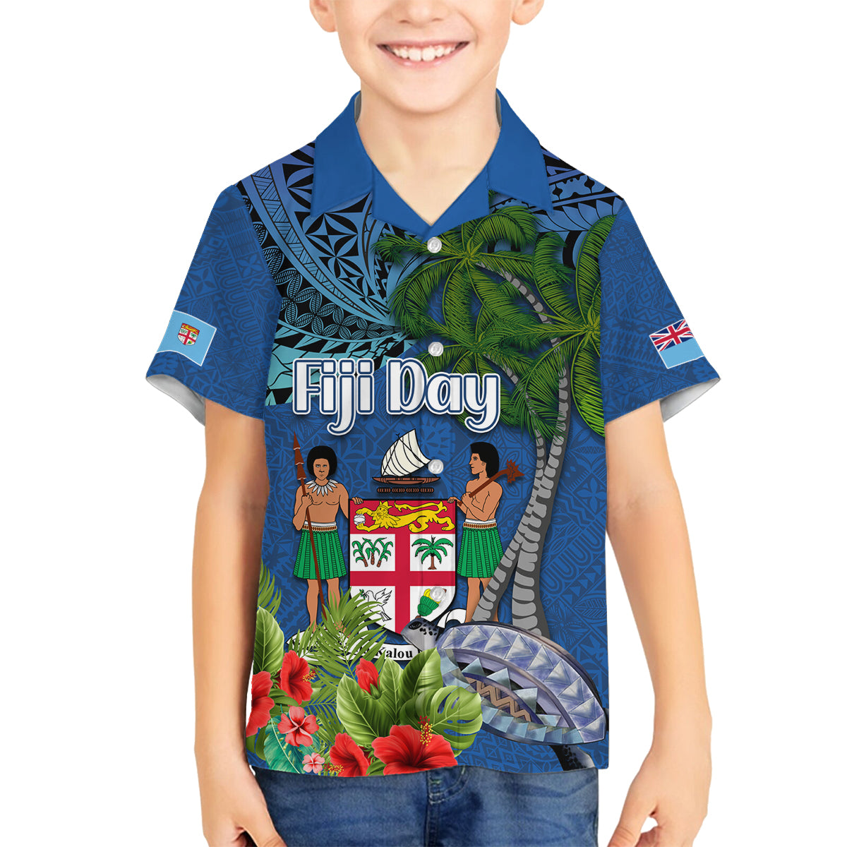 Personalised Fiji Independence Day Family Matching Puletasi and Hawaiian Shirt Fijian Coat of Arms Palm and Hibiscus Tapa Pattern LT03 Son's Shirt Blue - Polynesian Pride