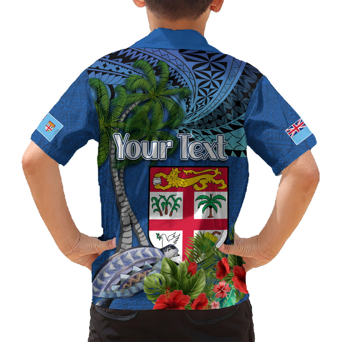 Personalised Fiji Independence Day Kid Hawaiian Shirt Fijian Coat of Arms Palm and Hibiscus Tapa Pattern LT03 - Polynesian Pride