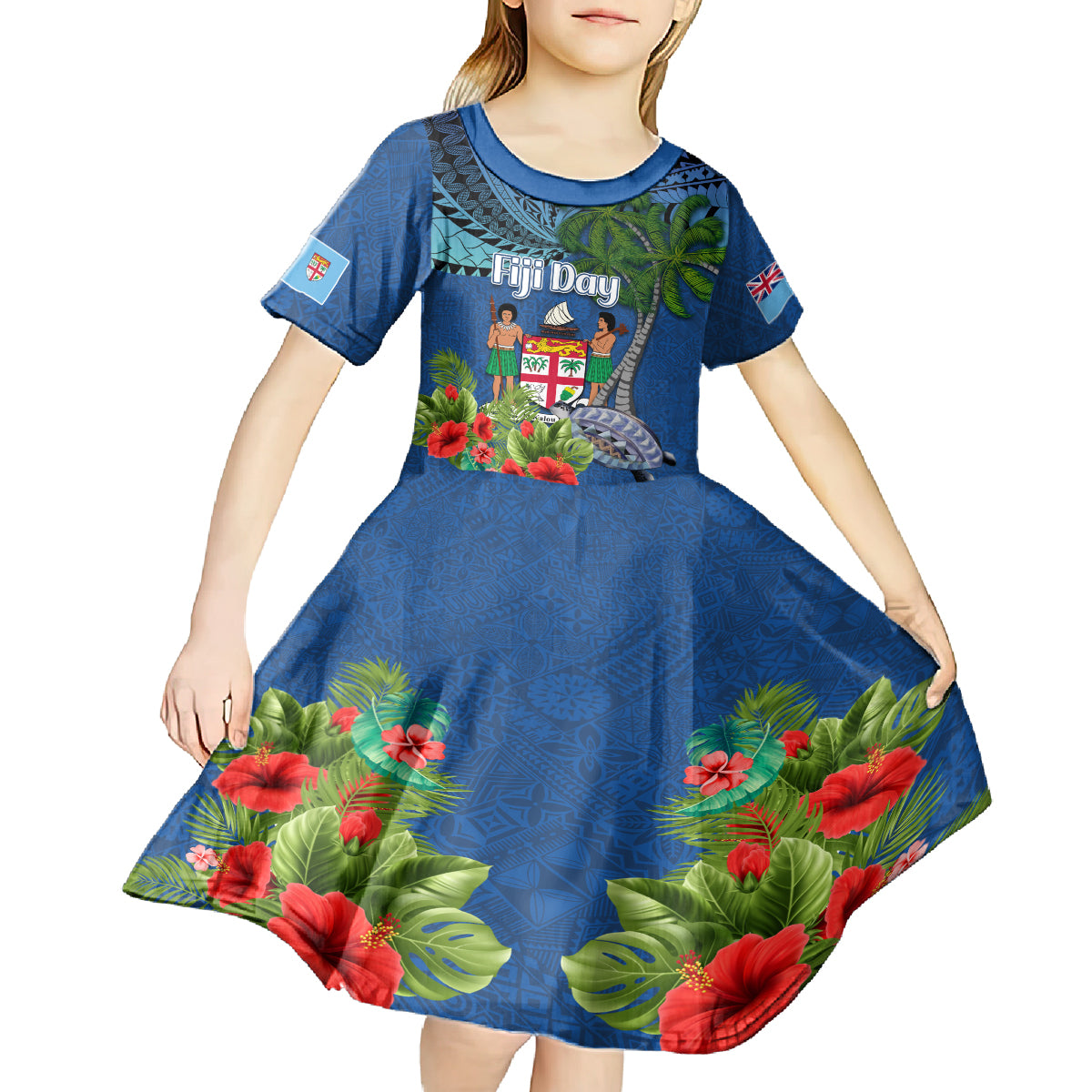 Personalised Fiji Independence Day Kid Short Sleeve Dress Fijian Coat of Arms Palm and Hibiscus Tapa Pattern LT03 - Polynesian Pride