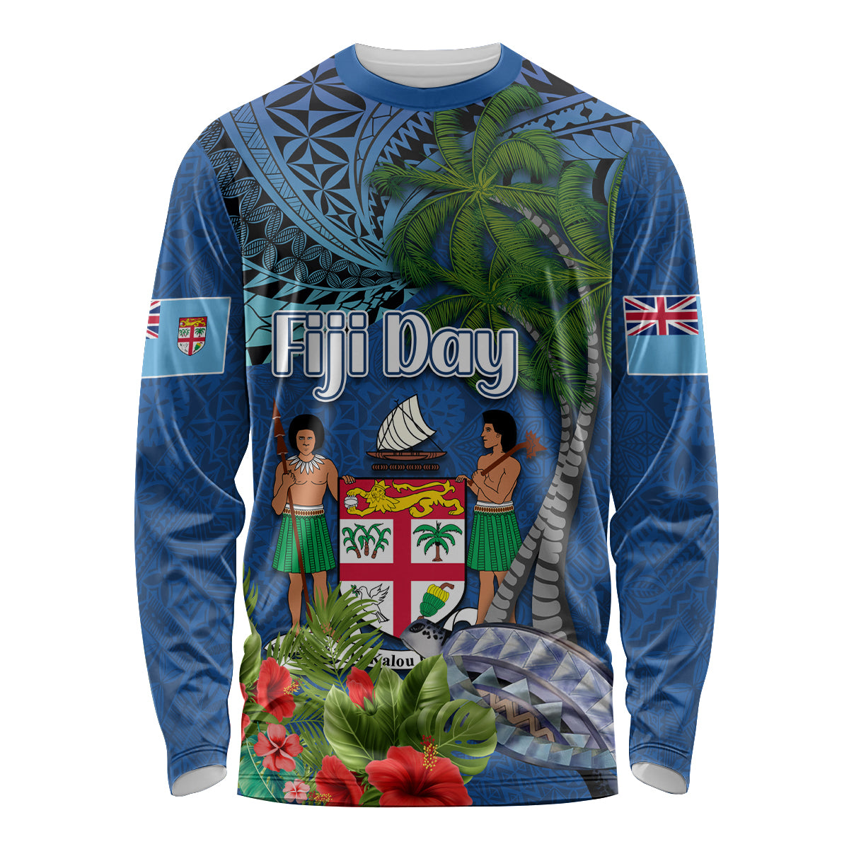Personalised Fiji Independence Day Long Sleeve Shirt Fijian Coat of Arms Palm and Hibiscus Tapa Pattern LT03 Unisex Blue - Polynesian Pride
