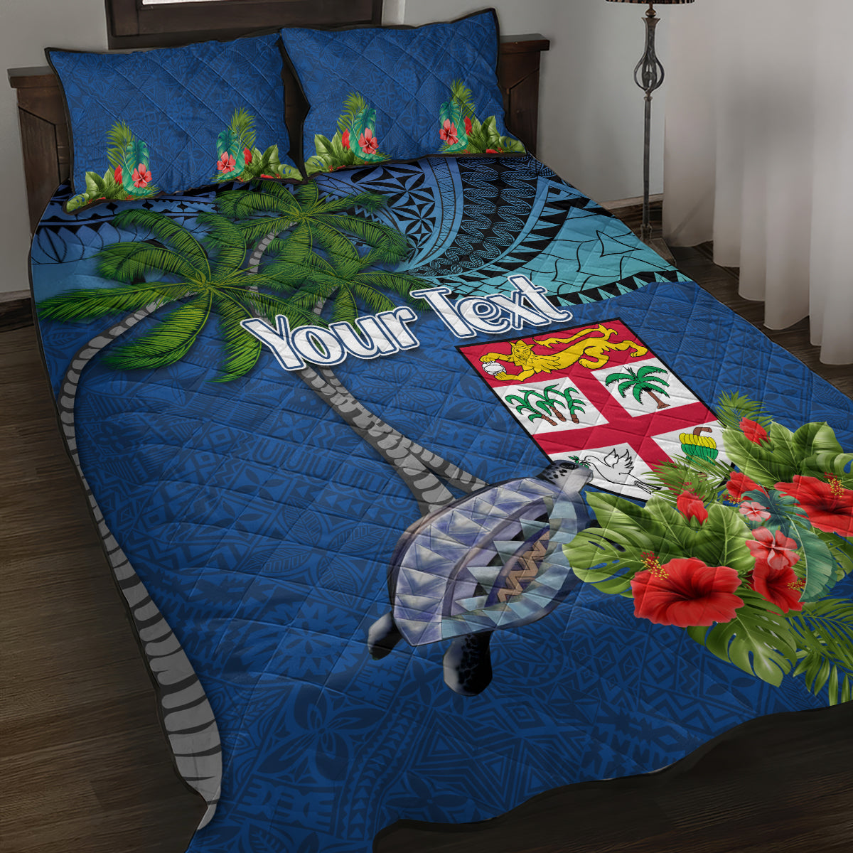 Personalised Fiji Independence Day Quilt Bed Set Fijian Coat of Arms Palm and Hibiscus Tapa Pattern