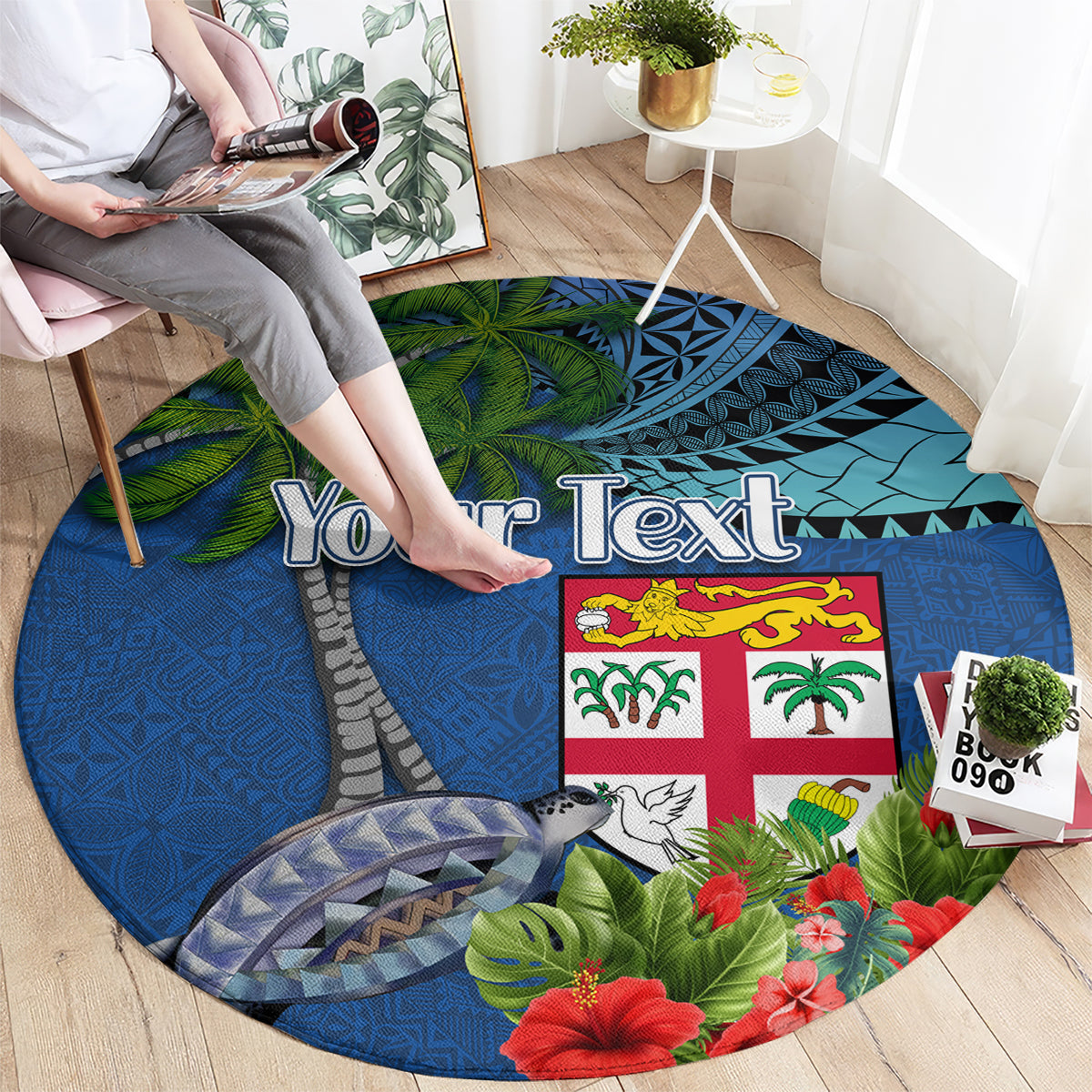 Personalised Fiji Independence Day Round Carpet Fijian Coat of Arms Palm and Hibiscus Tapa Pattern
