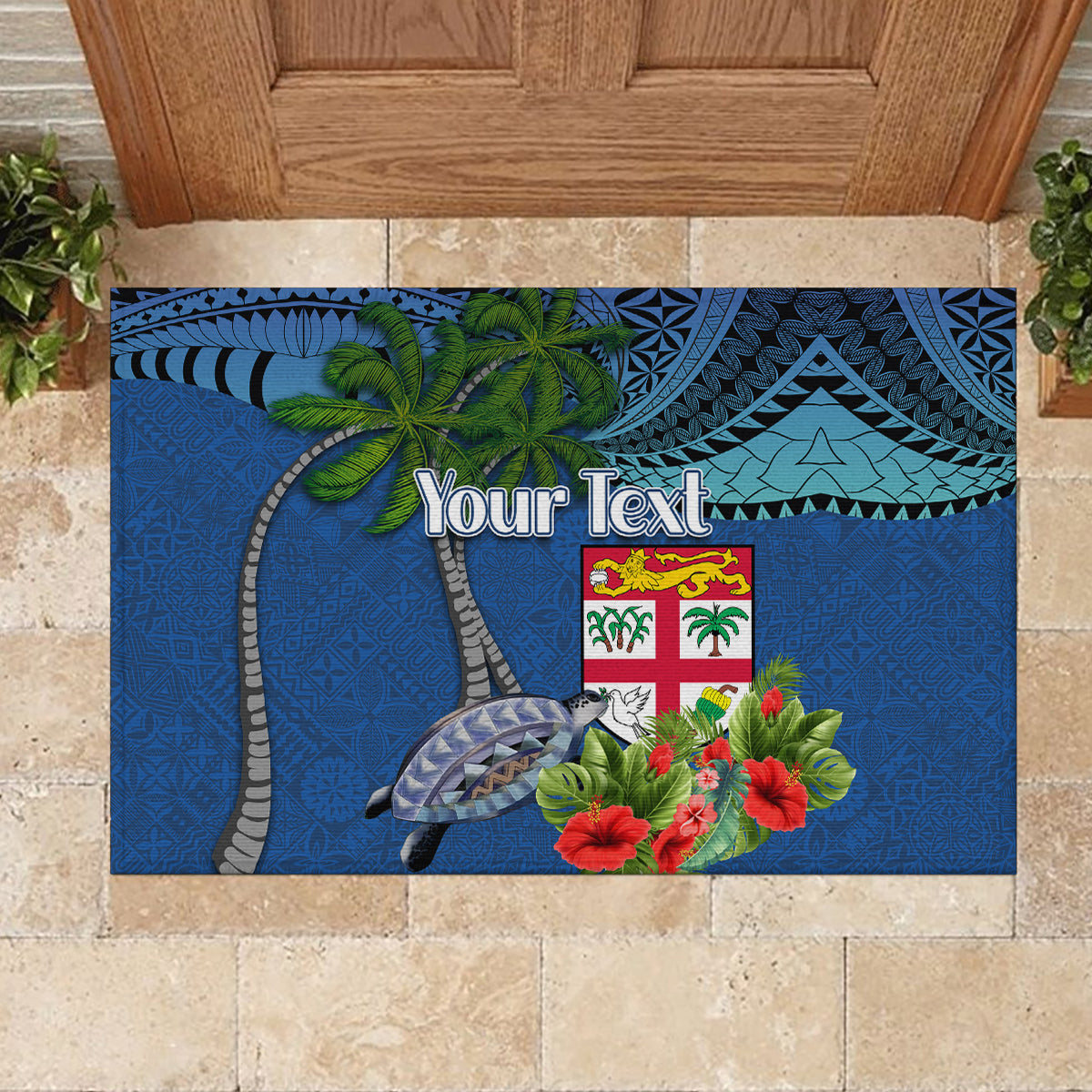 Personalised Fiji Independence Day Rubber Doormat Fijian Coat of Arms Palm and Hibiscus Tapa Pattern