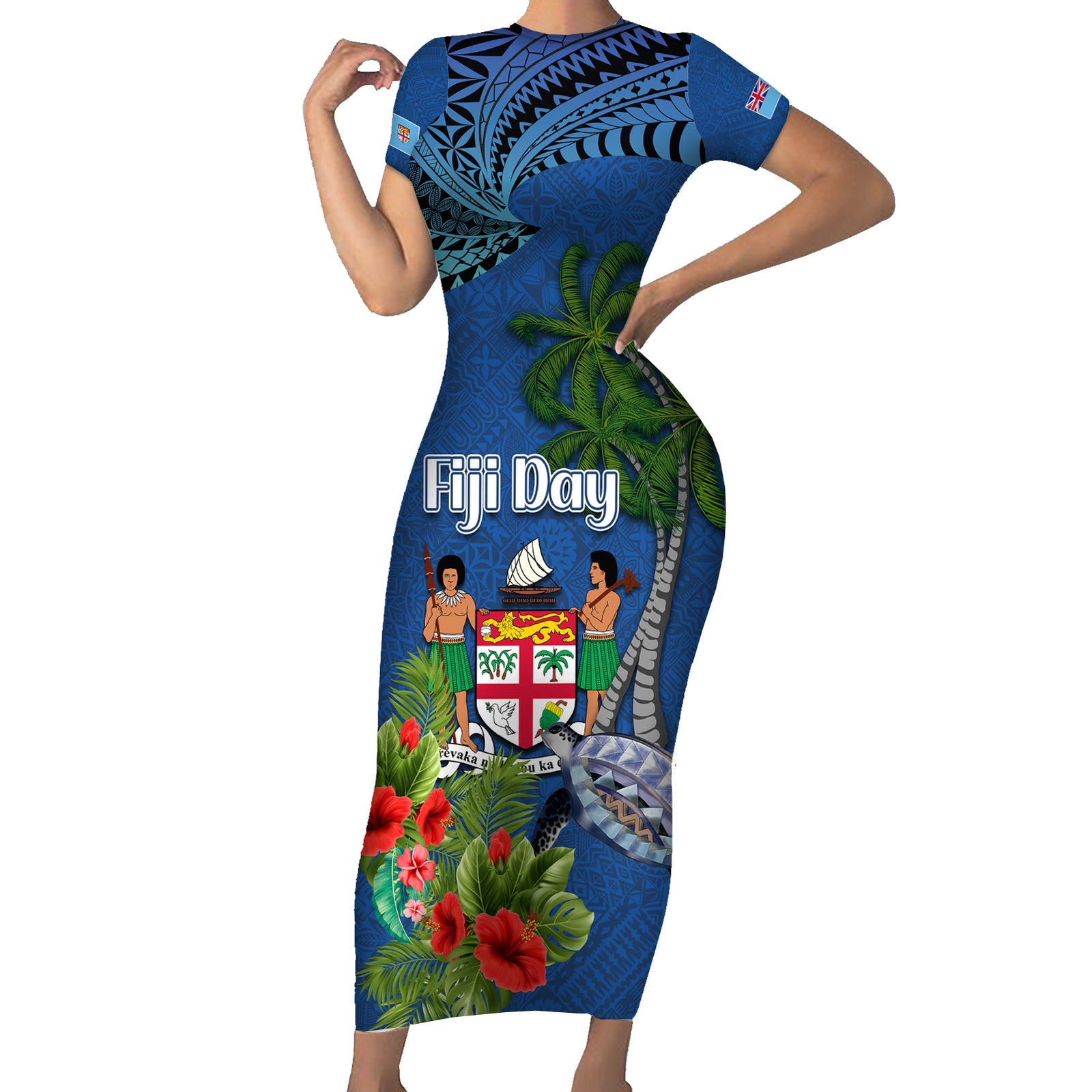 Fiji Independence Day Short Sleeve Bodycon Dress Fijian Coat of Arms Palm and Hibiscus Tapa Pattern