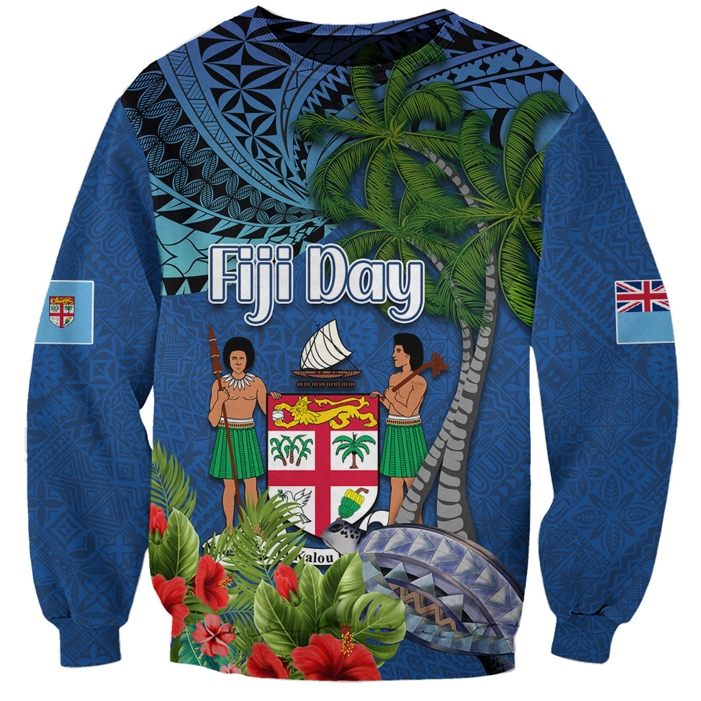 Fiji Independence Day Sweatshirt Fijian Coat of Arms Palm and Hibiscus Tapa Pattern