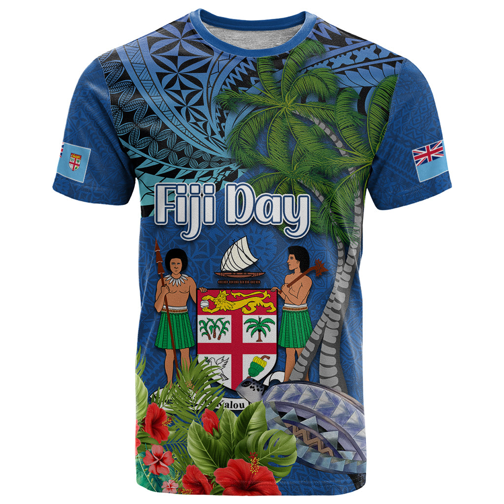 Personalised Fiji Independence Day T Shirt Fijian Coat of Arms Palm and Hibiscus Tapa Pattern LT03 Blue - Polynesian Pride