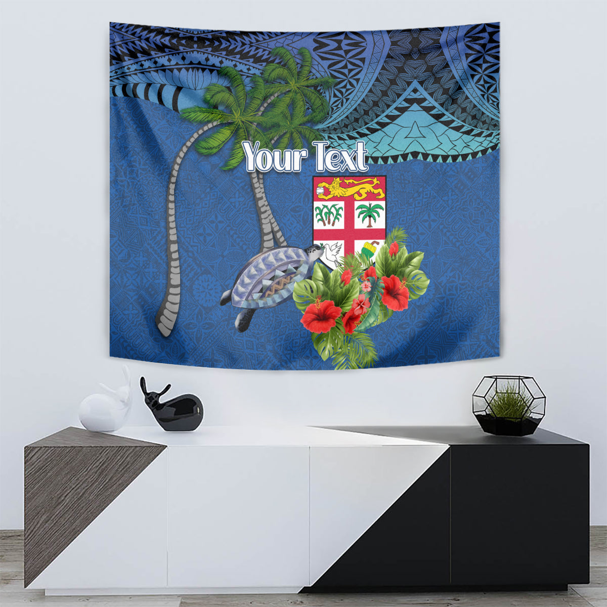 Personalised Fiji Independence Day Tapestry Fijian Coat of Arms Palm and Hibiscus Tapa Pattern