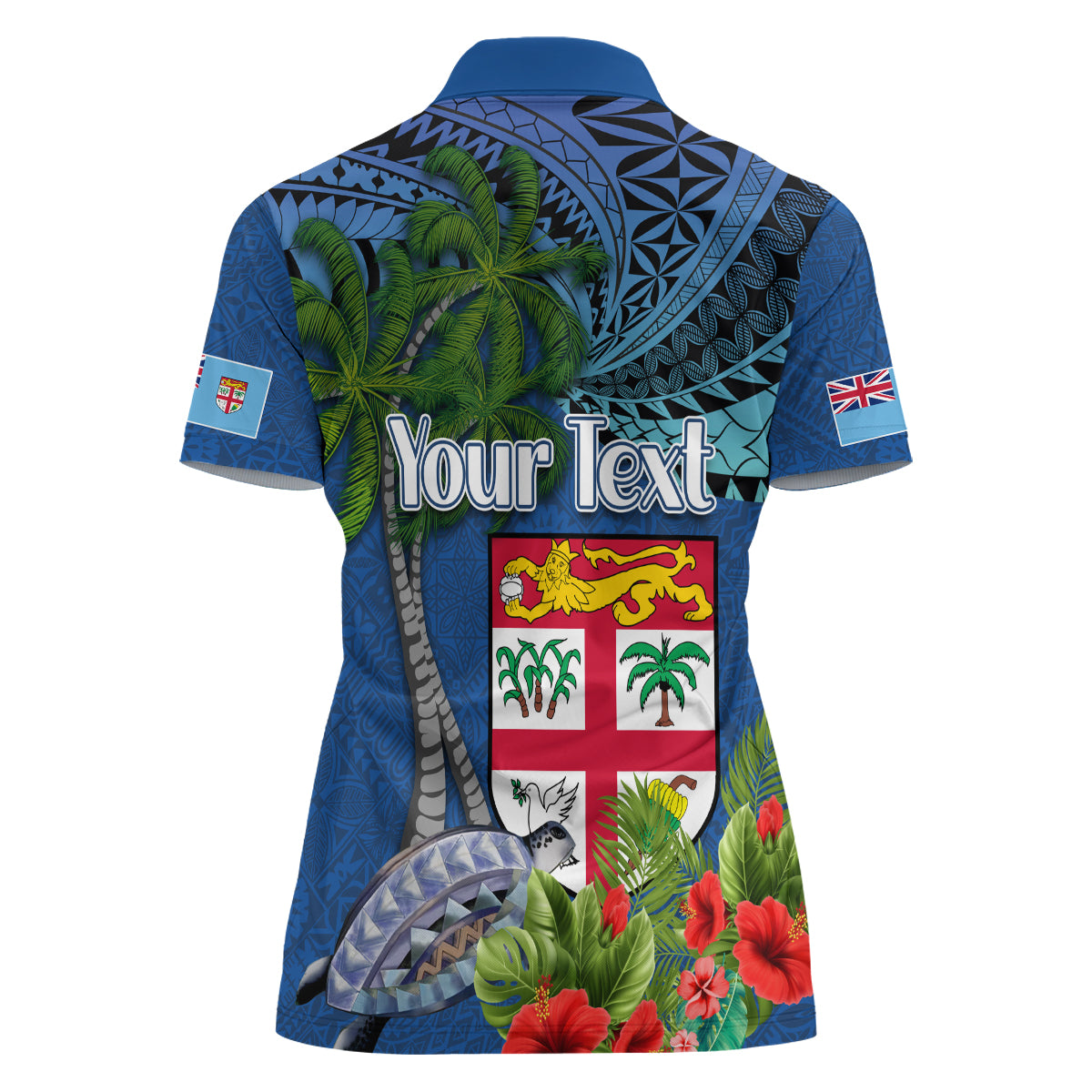 Fiji Independence Day Women Polo Shirt Fijian Coat of Arms Palm and Hibiscus Tapa Pattern