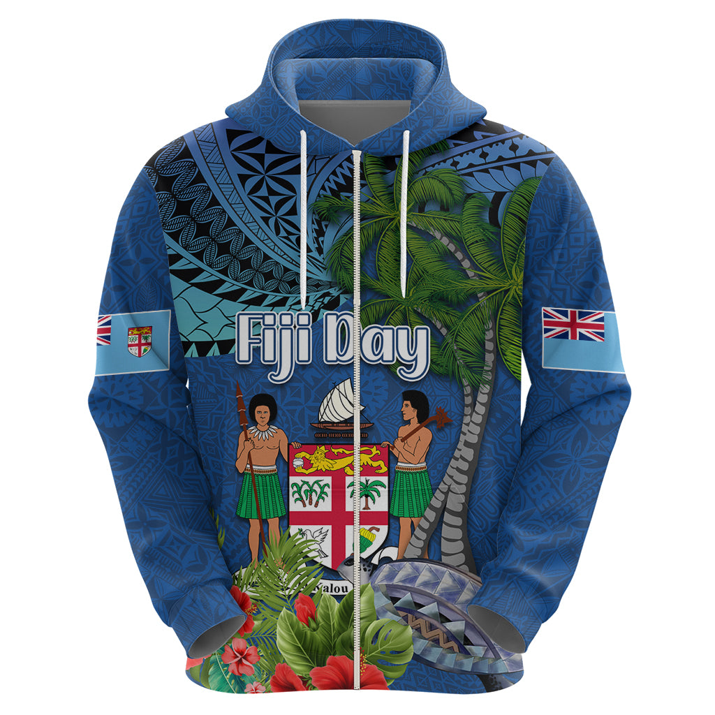 Fiji Independence Day Zip Hoodie Fijian Coat of Arms Palm and Hibiscus Tapa Pattern