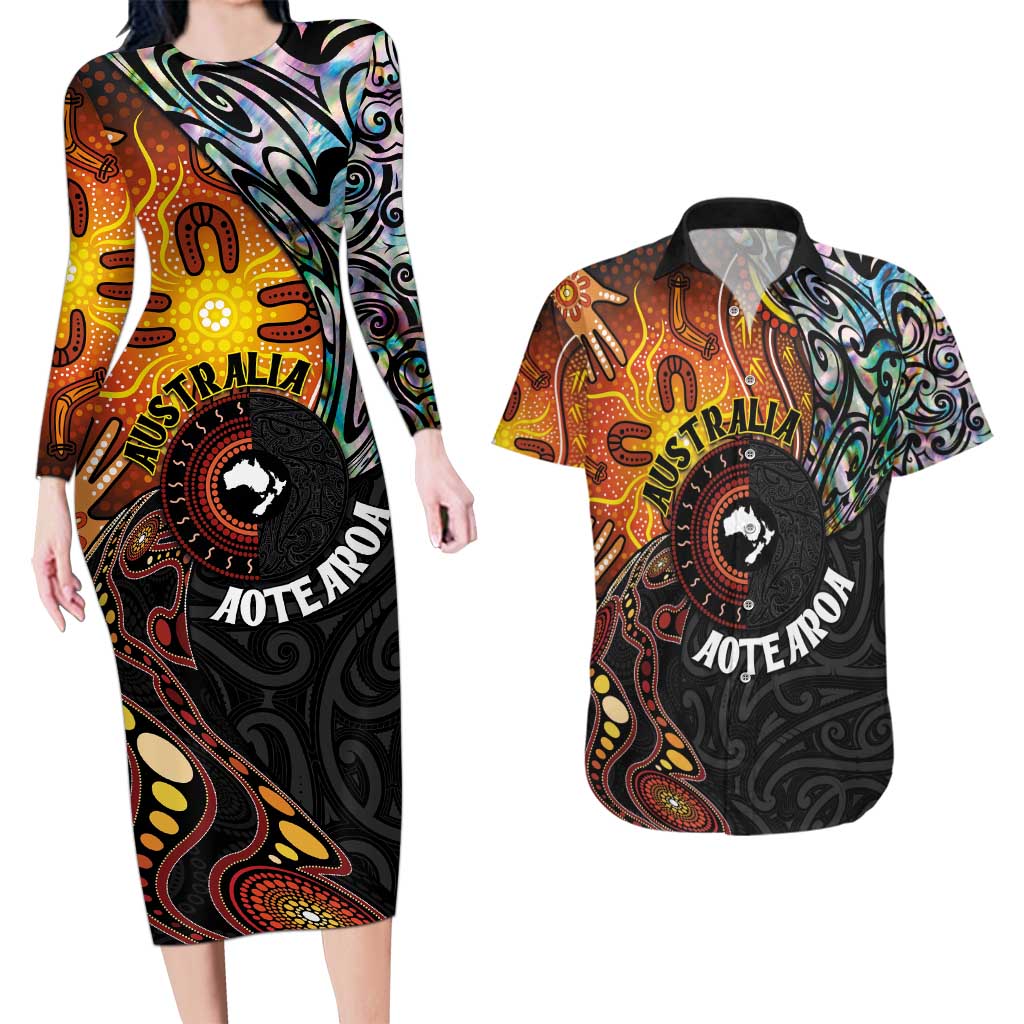New Zealand and Australia Together Couples Matching Long Sleeve Bodycon Dress and Hawaiian Shirt Maori Tattoo Paua Shell mix Aboriginal Pattern