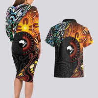 New Zealand and Australia Together Couples Matching Long Sleeve Bodycon Dress and Hawaiian Shirt Maori Tattoo Paua Shell mix Aboriginal Pattern