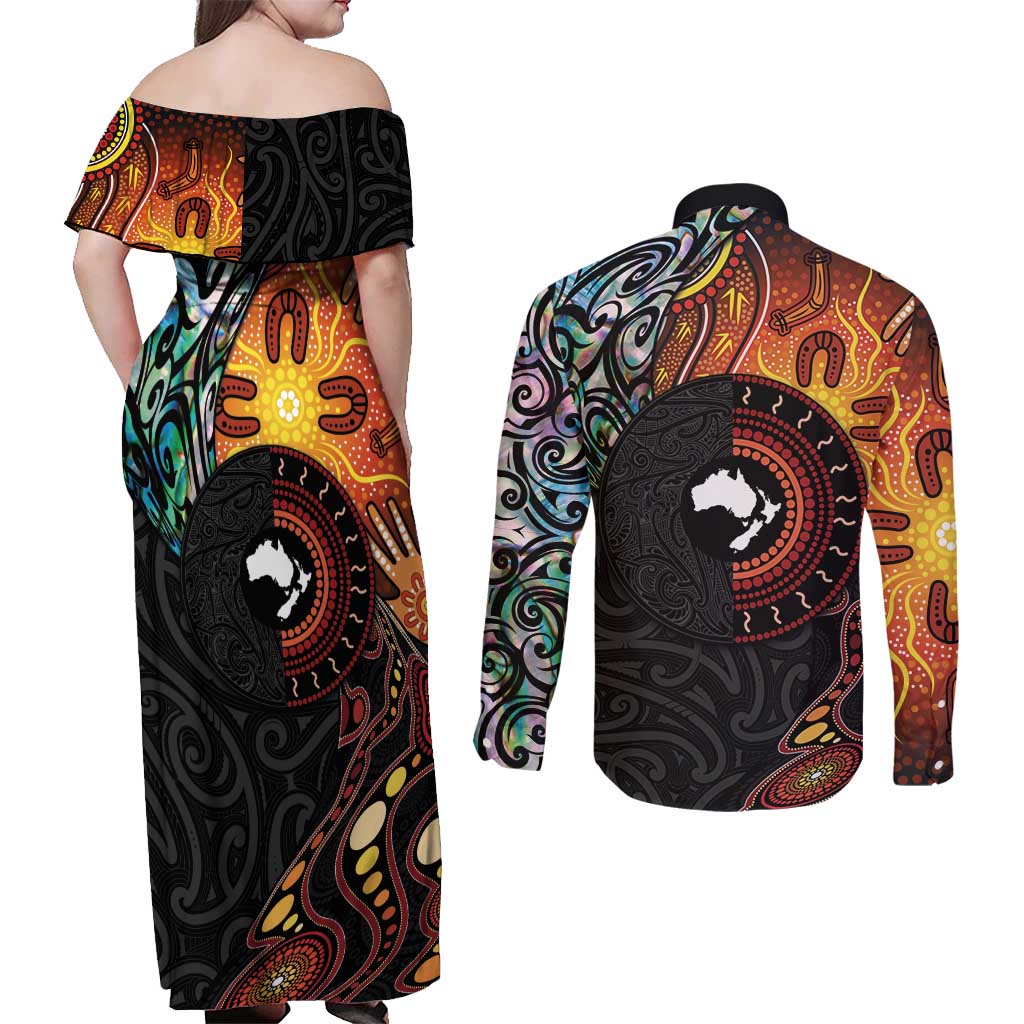 New Zealand and Australia Together Couples Matching Off Shoulder Maxi Dress and Long Sleeve Button Shirt Maori Tattoo Paua Shell mix Aboriginal Pattern
