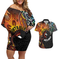 New Zealand and Australia Together Couples Matching Off Shoulder Short Dress and Hawaiian Shirt Maori Tattoo Paua Shell mix Aboriginal Pattern
