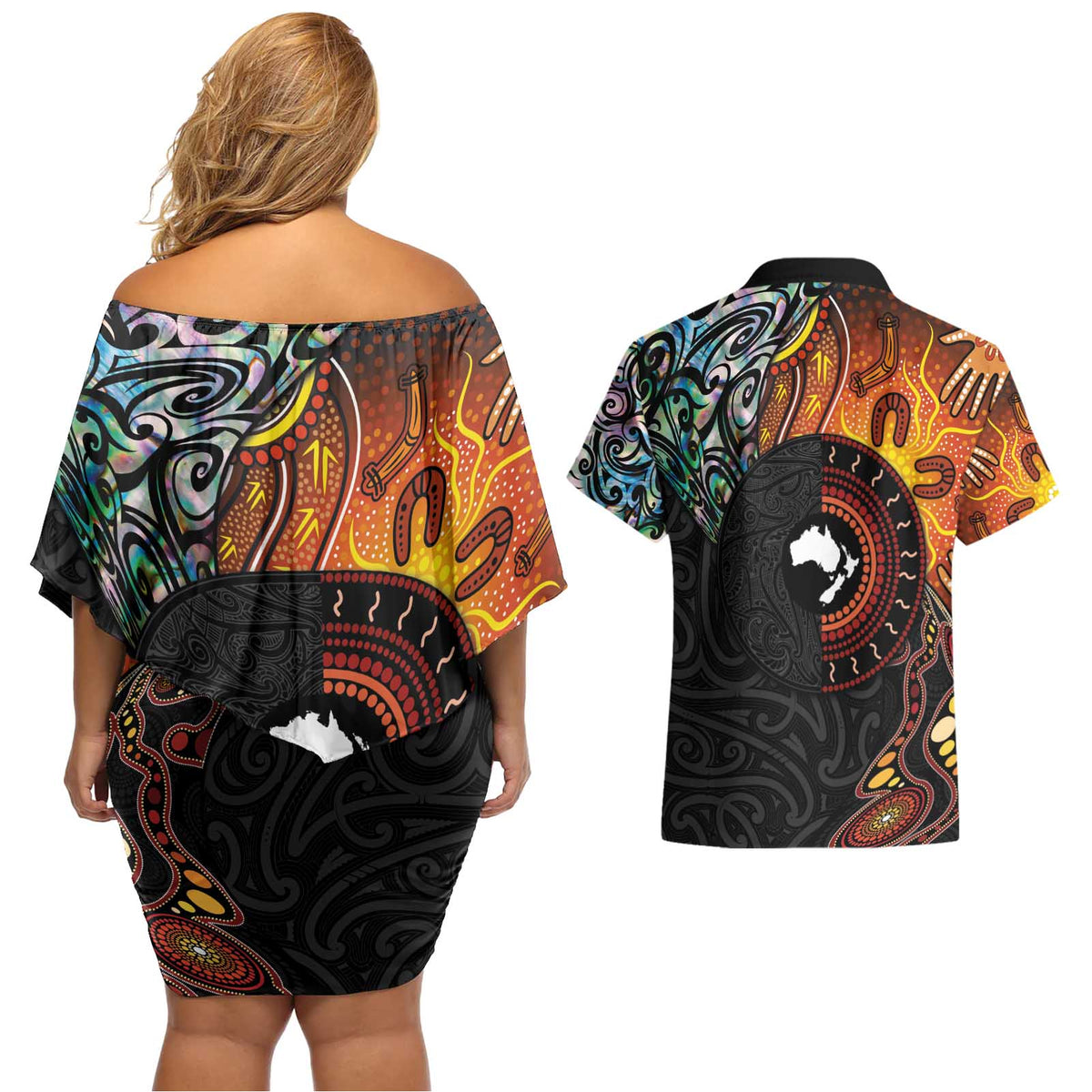 New Zealand and Australia Together Couples Matching Off Shoulder Short Dress and Hawaiian Shirt Maori Tattoo Paua Shell mix Aboriginal Pattern