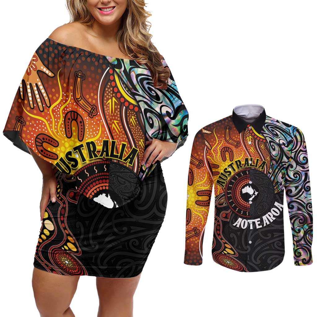 New Zealand and Australia Together Couples Matching Off Shoulder Short Dress and Long Sleeve Button Shirt Maori Tattoo Paua Shell mix Aboriginal Pattern