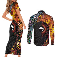 New Zealand and Australia Together Couples Matching Short Sleeve Bodycon Dress and Long Sleeve Button Shirt Maori Tattoo Paua Shell mix Aboriginal Pattern