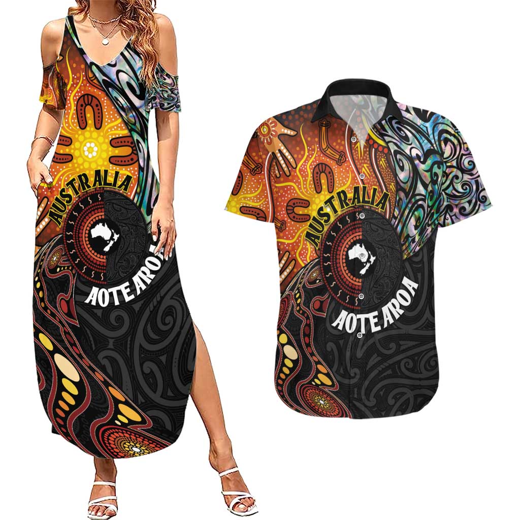 New Zealand and Australia Together Couples Matching Summer Maxi Dress and Hawaiian Shirt Maori Tattoo Paua Shell mix Aboriginal Pattern