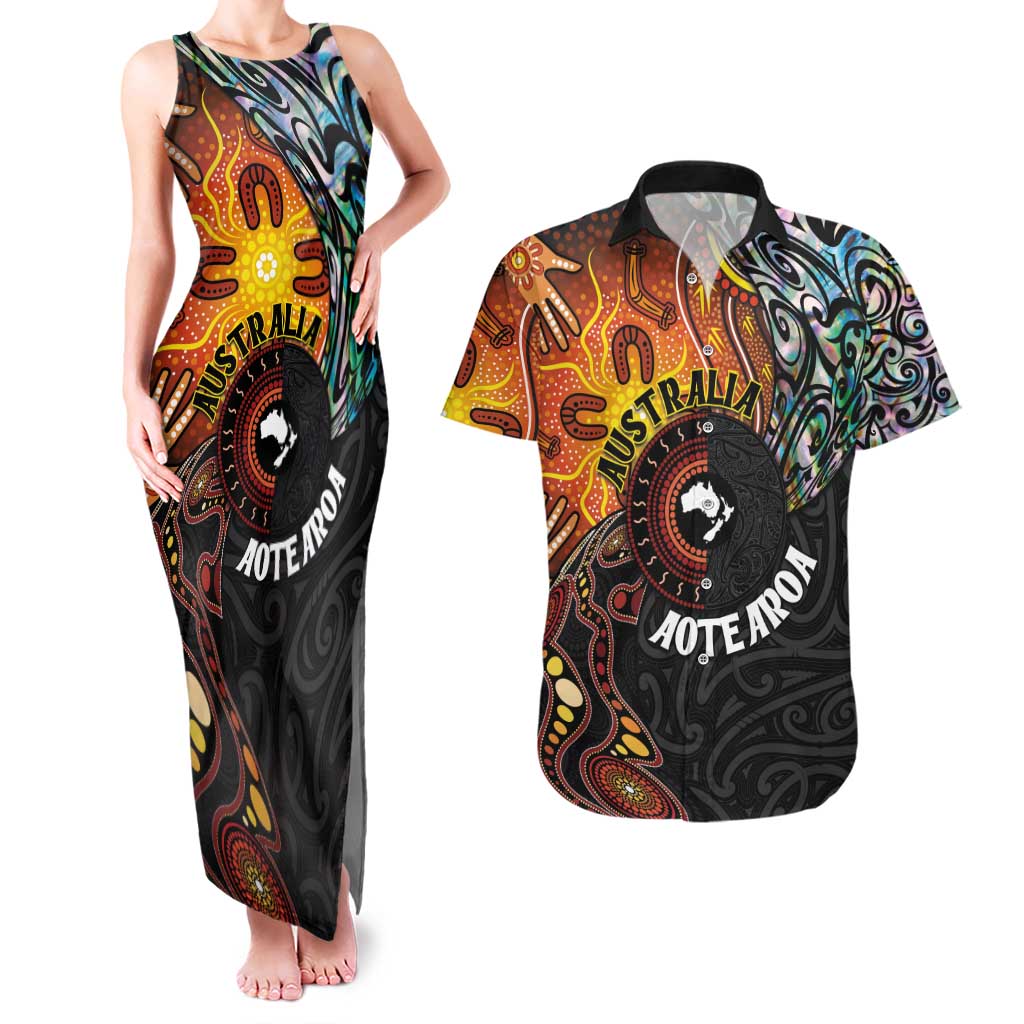 New Zealand and Australia Together Couples Matching Tank Maxi Dress and Hawaiian Shirt Maori Tattoo Paua Shell mix Aboriginal Pattern