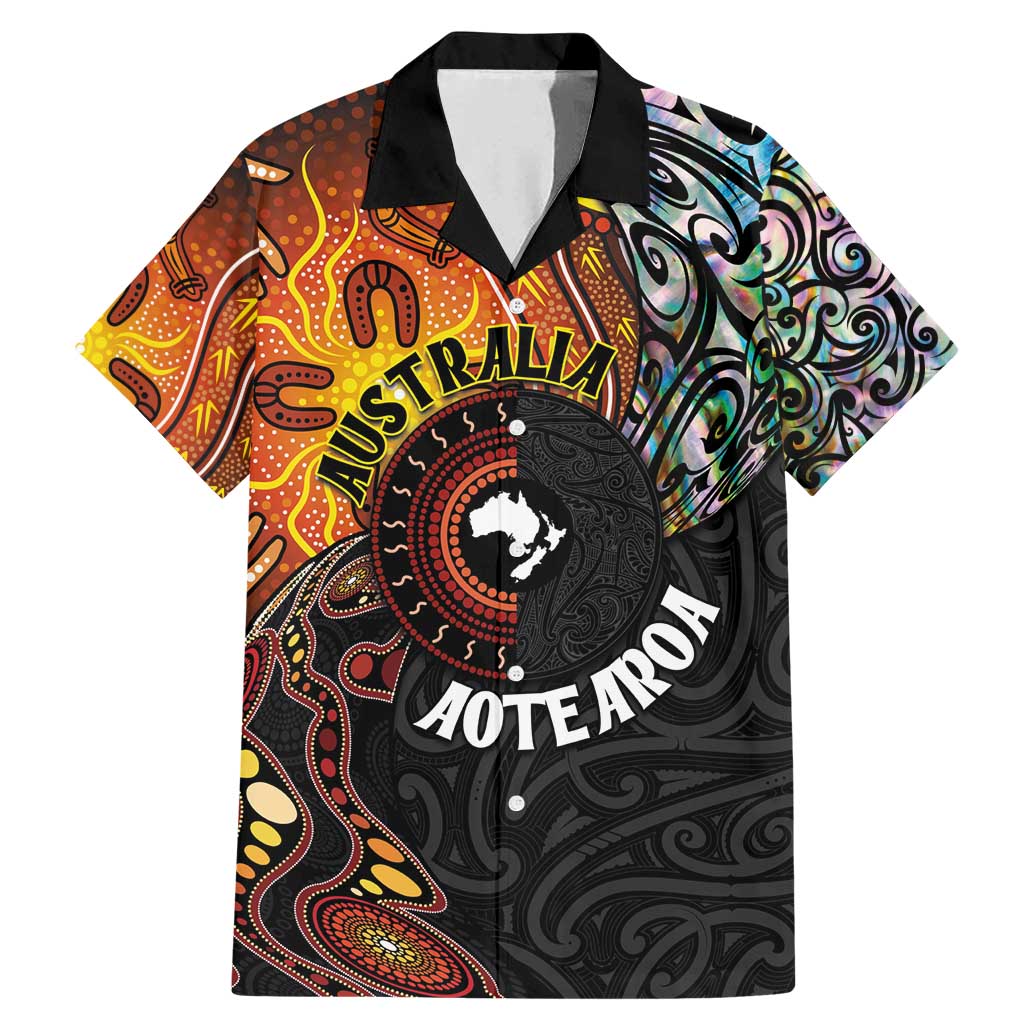 New Zealand and Australia Together Family Matching Mermaid Dress and Hawaiian Shirt Maori Tattoo Paua Shell mix Aboriginal Pattern LT03 Dad's Shirt - Short Sleeve Black - Polynesian Pride
