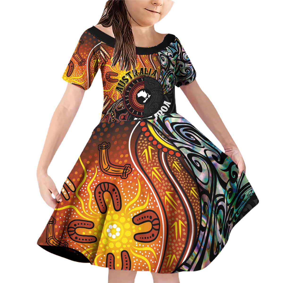 New Zealand and Australia Together Family Matching Off Shoulder Short Dress and Hawaiian Shirt Maori Tattoo Paua Shell mix Aboriginal Pattern LT03 Daughter's Dress Black - Polynesian Pride