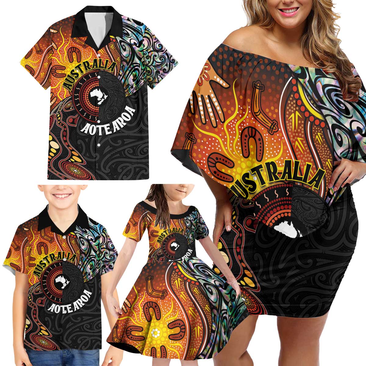 New Zealand and Australia Together Family Matching Off Shoulder Short Dress and Hawaiian Shirt Maori Tattoo Paua Shell mix Aboriginal Pattern LT03 - Polynesian Pride