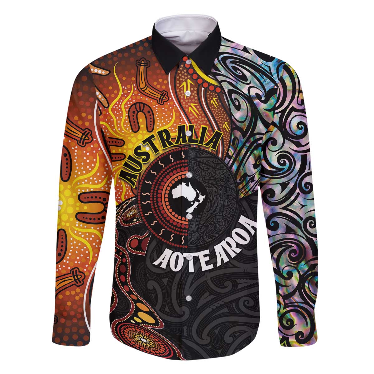 New Zealand and Australia Together Family Matching Off Shoulder Short Dress and Hawaiian Shirt Maori Tattoo Paua Shell mix Aboriginal Pattern LT03 Dad's Shirt - Long Sleeve Black - Polynesian Pride