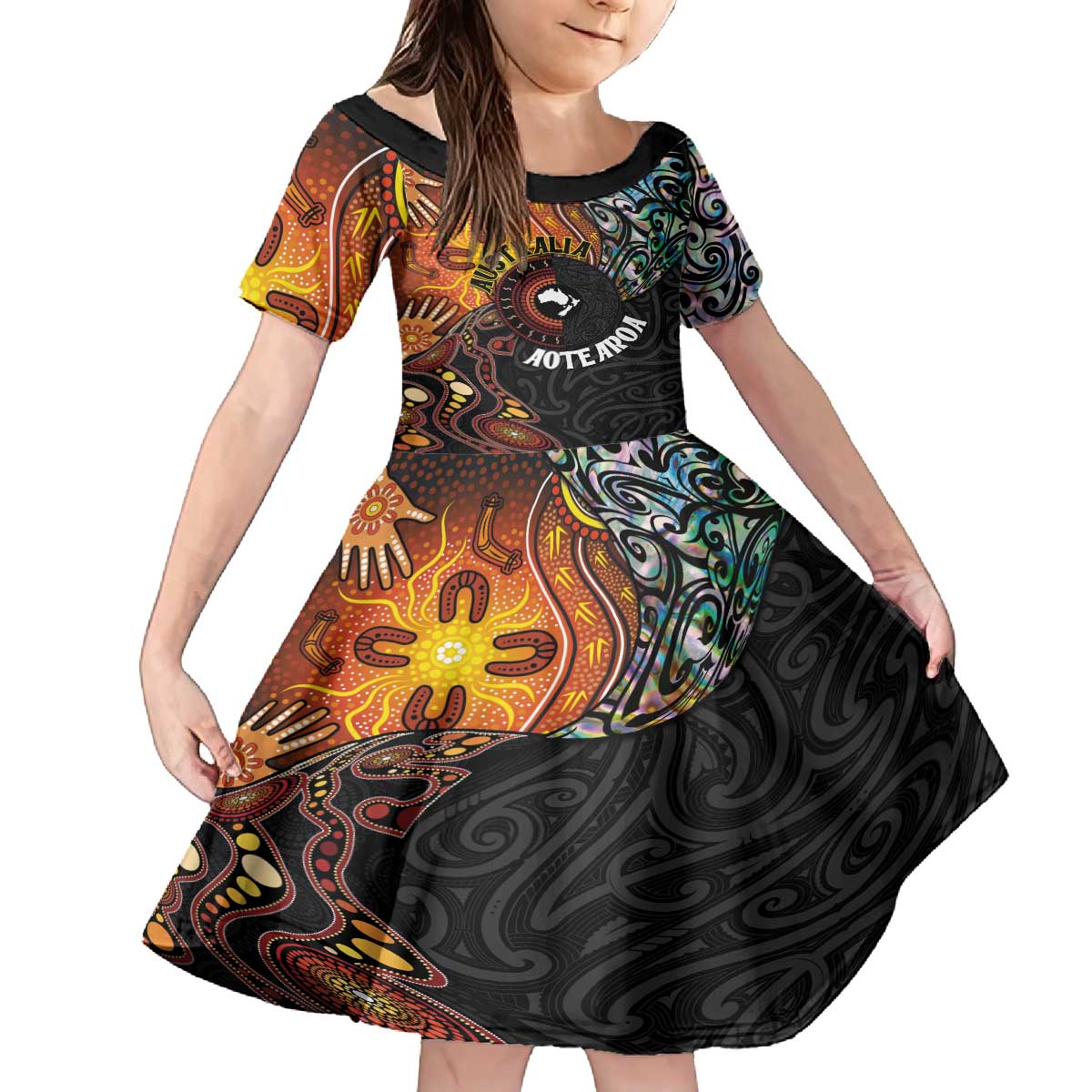 New Zealand and Australia Together Family Matching Puletasi and Hawaiian Shirt Maori Tattoo Paua Shell mix Aboriginal Pattern LT03 Daughter's Dress Black - Polynesian Pride