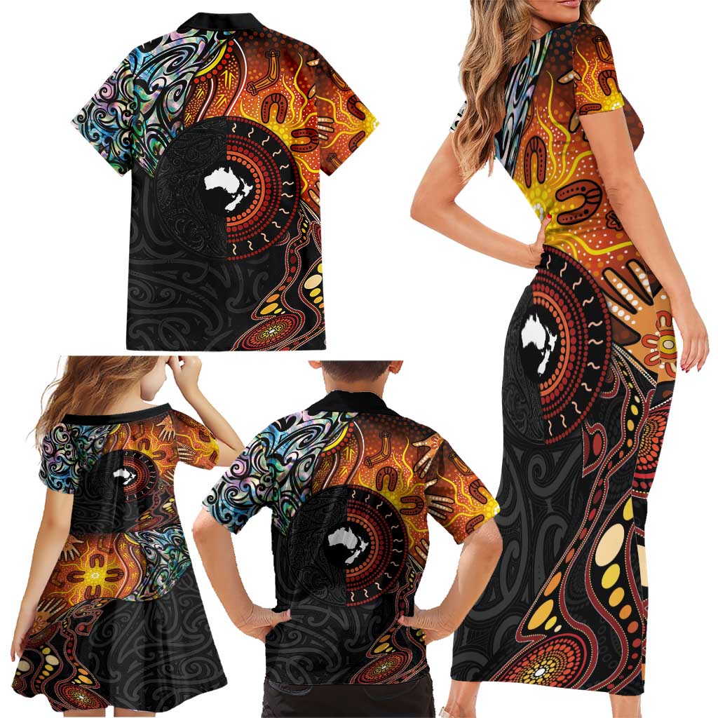 New Zealand and Australia Together Family Matching Short Sleeve Bodycon Dress and Hawaiian Shirt Maori Tattoo Paua Shell mix Aboriginal Pattern LT03 - Polynesian Pride