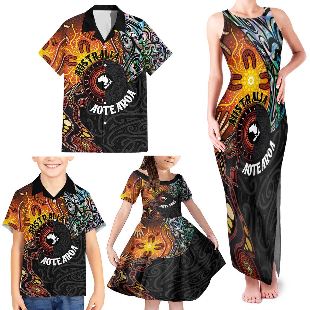 New Zealand and Australia Together Family Matching Tank Maxi Dress and Hawaiian Shirt Maori Tattoo Paua Shell mix Aboriginal Pattern LT03 - Polynesian Pride