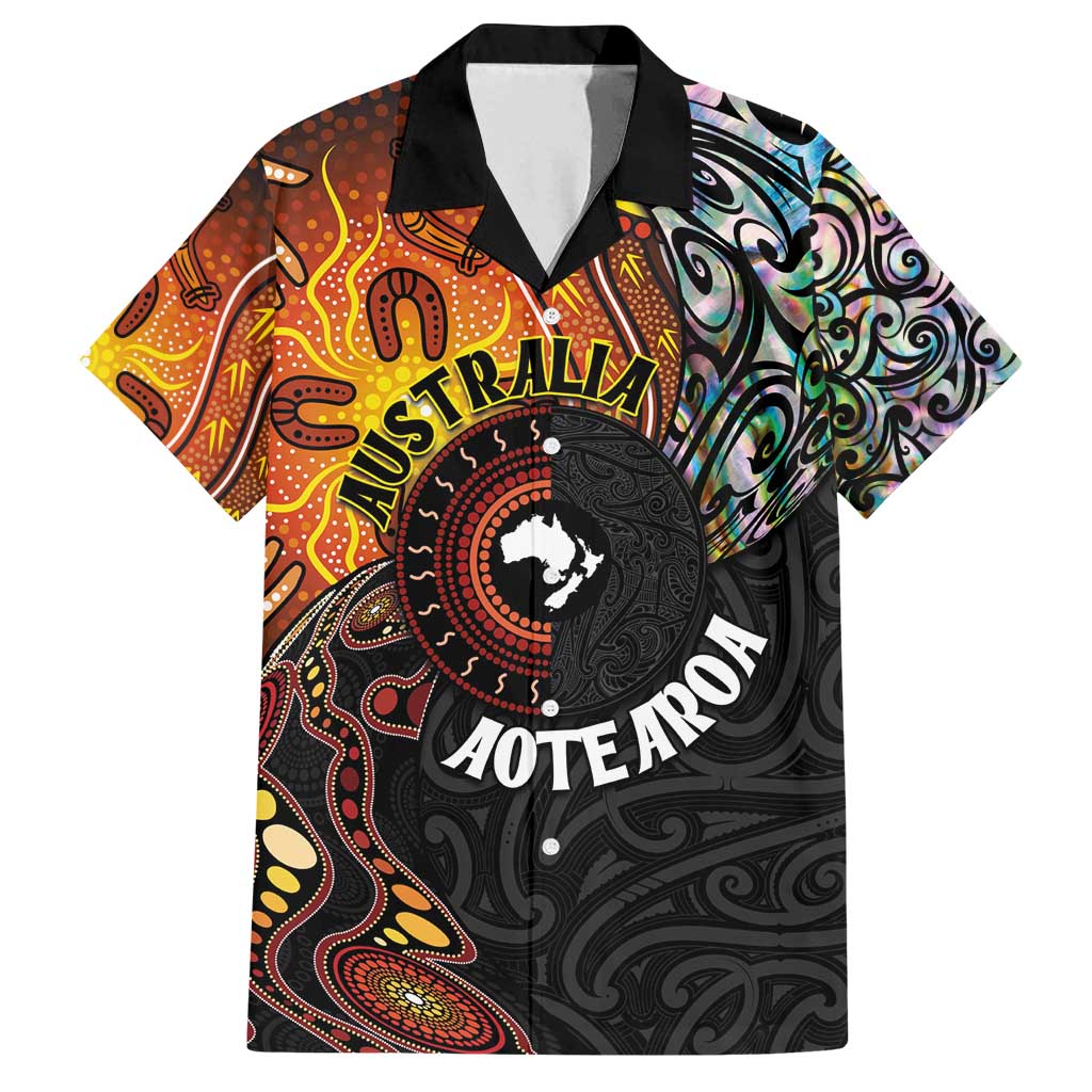 New Zealand and Australia Together Family Matching Tank Maxi Dress and Hawaiian Shirt Maori Tattoo Paua Shell mix Aboriginal Pattern LT03 Dad's Shirt - Short Sleeve Black - Polynesian Pride