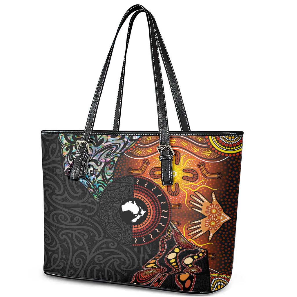 New Zealand and Australia Together Leather Tote Bag Maori Tattoo Paua Shell mix Aboriginal Pattern