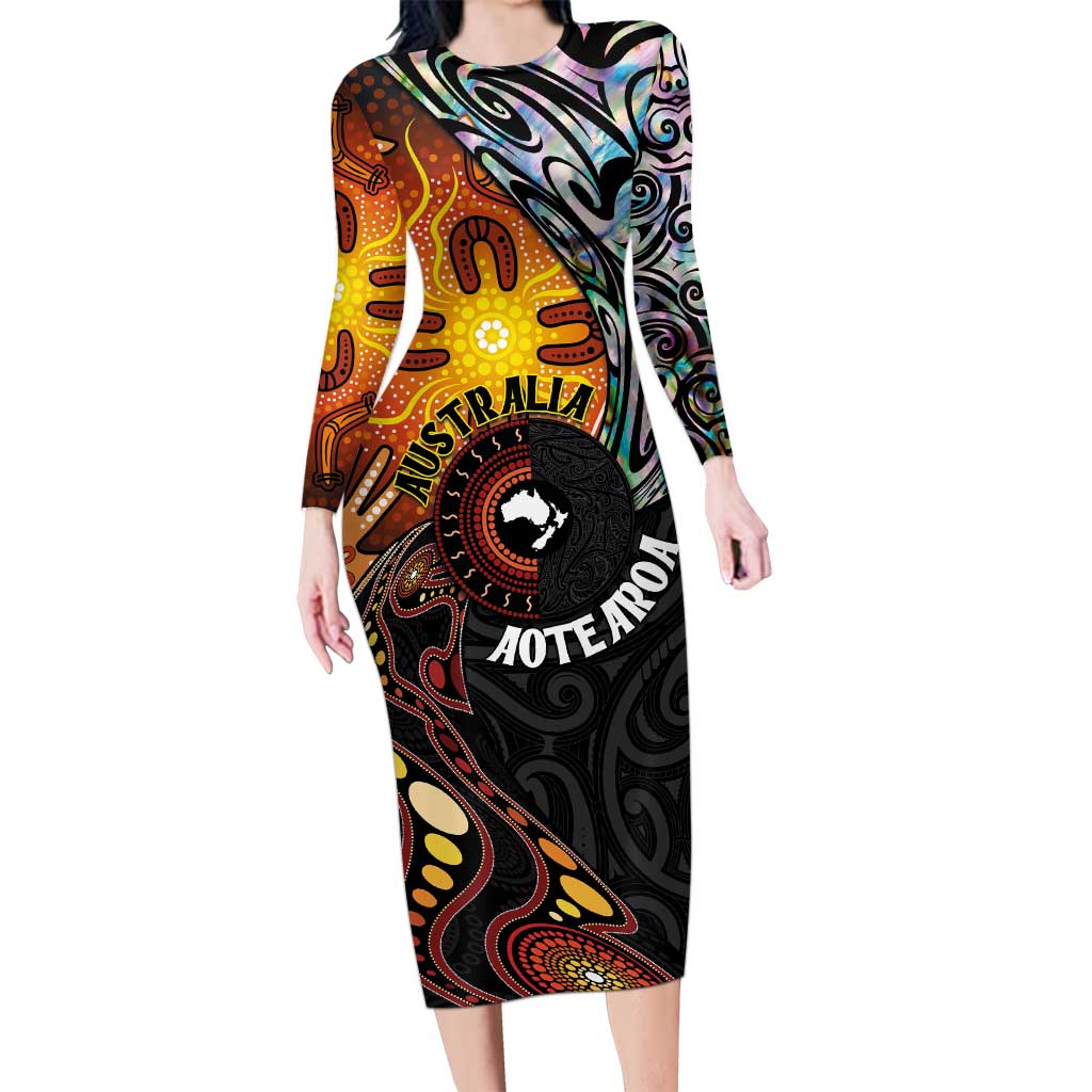 New Zealand and Australia Together Long Sleeve Bodycon Dress Maori Tattoo Paua Shell mix Aboriginal Pattern